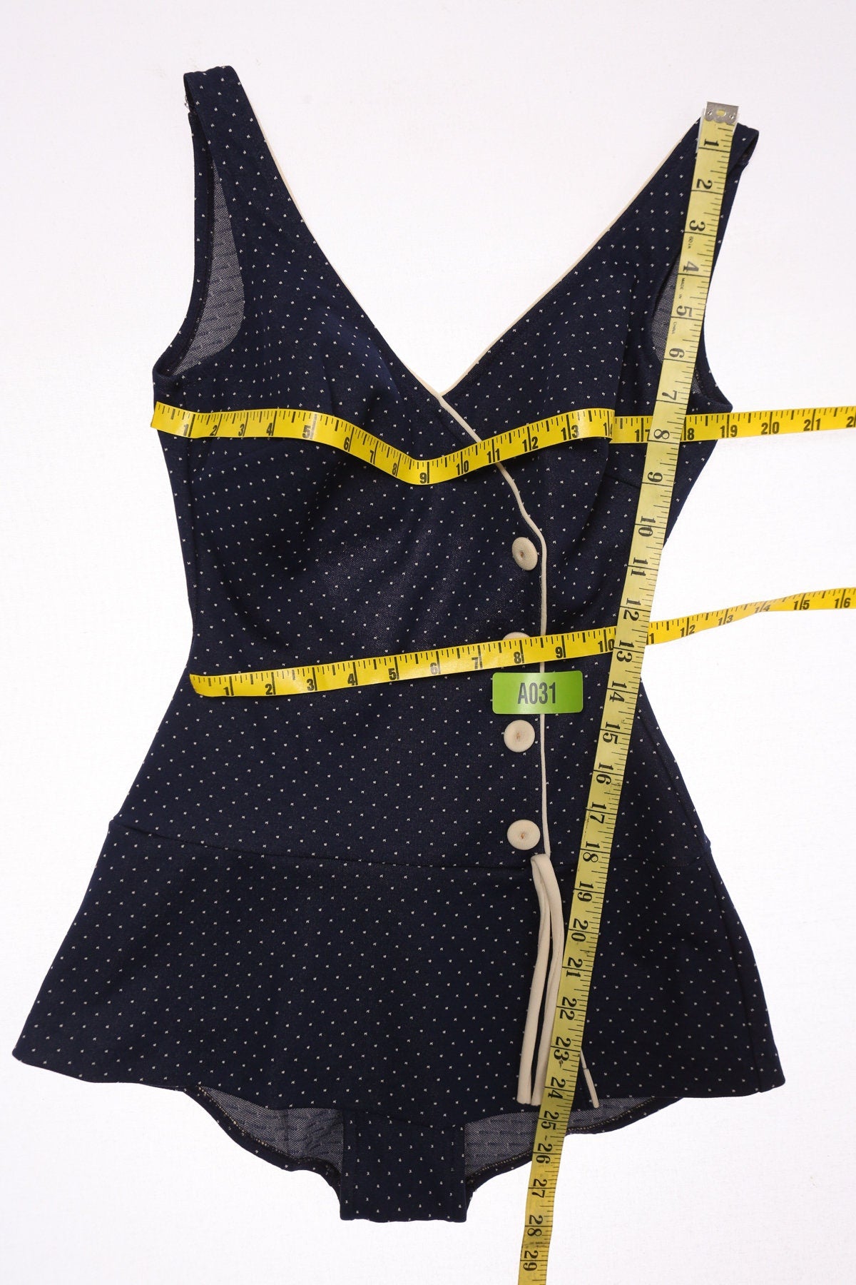 Women Blue Swimsuit with White Polka Dot Print - Era 1970s - 1980s