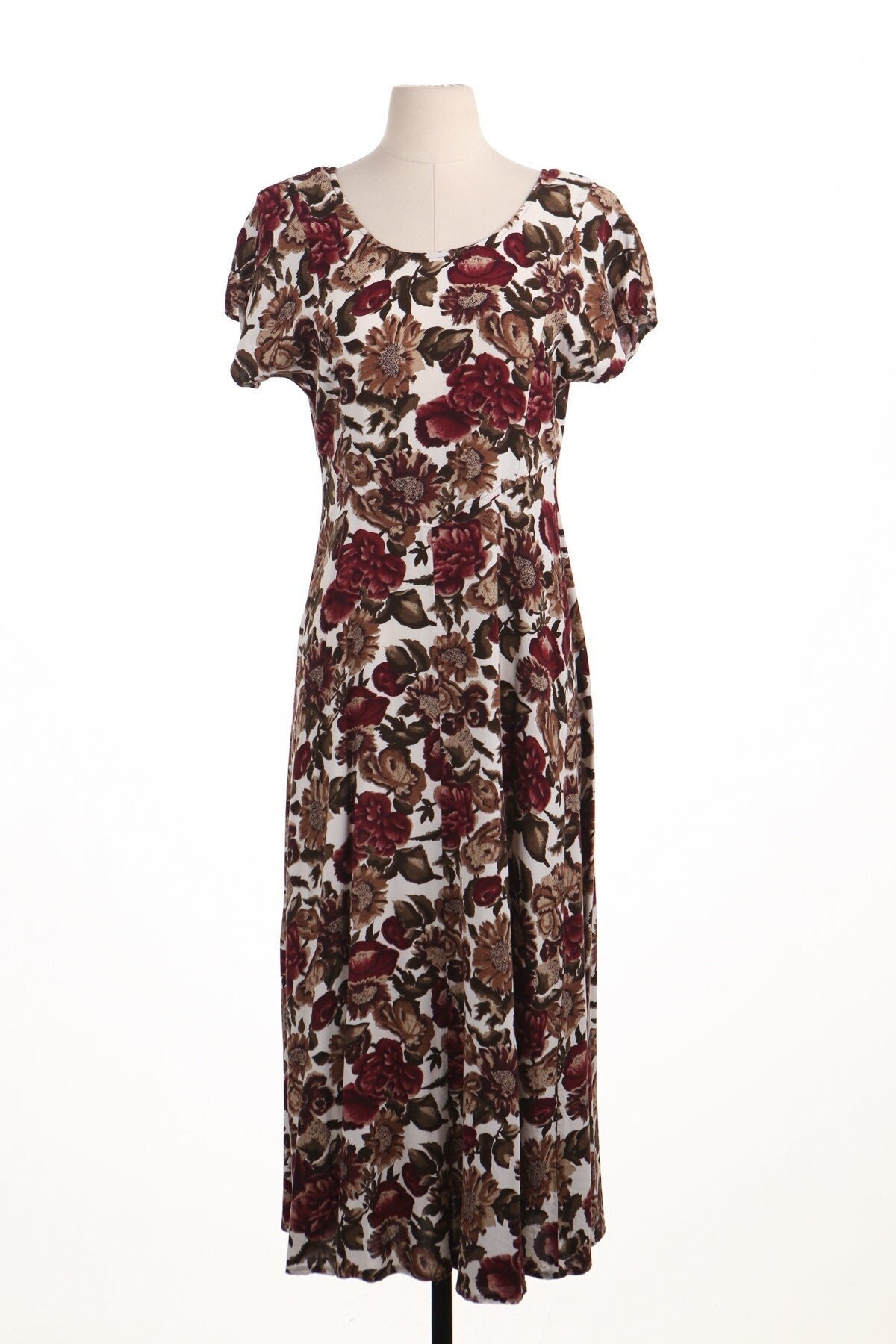 Vintage floral dress women 90's white print long casual red flowers