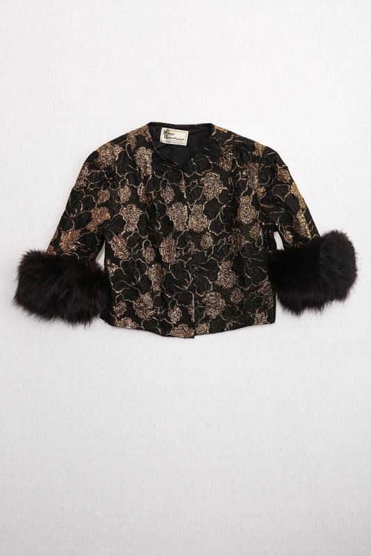 Vintage women 50's evening jacket fur black gold floral sleeves george brown originals of california
