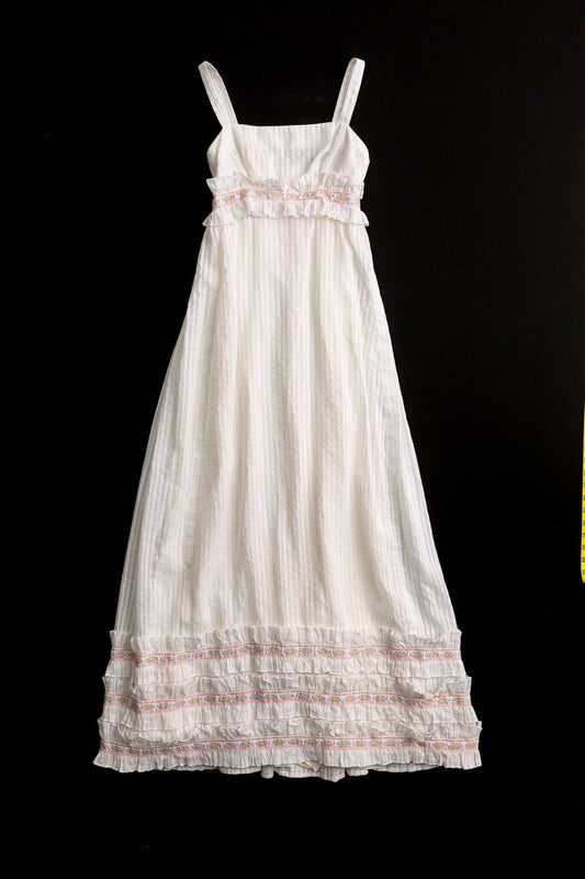 Vintage women 70's cotton long striped floral hippie summer strap dress white yellow