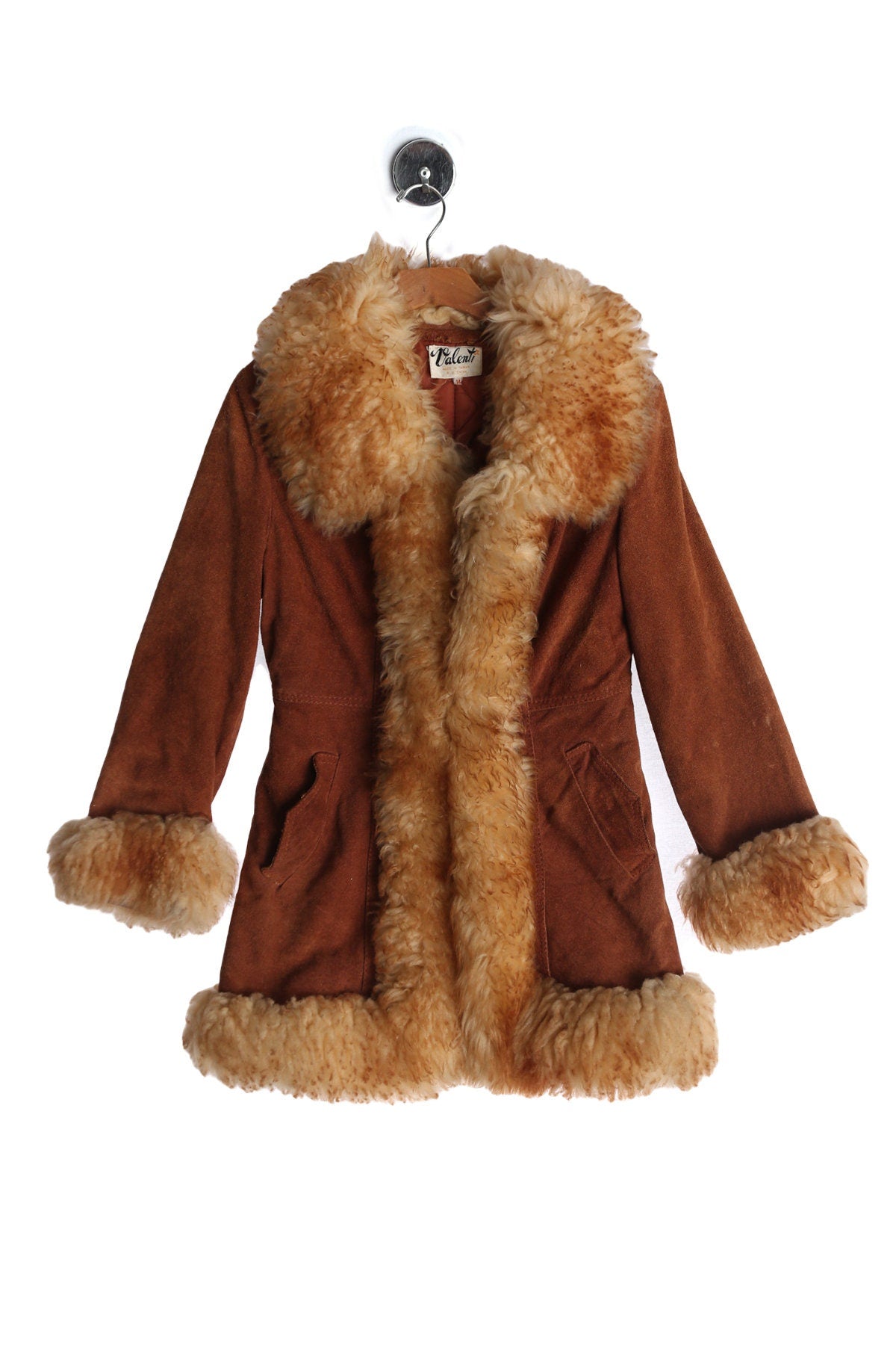 1970s Women Suede Coat with Fur Collar and Fabric Seam