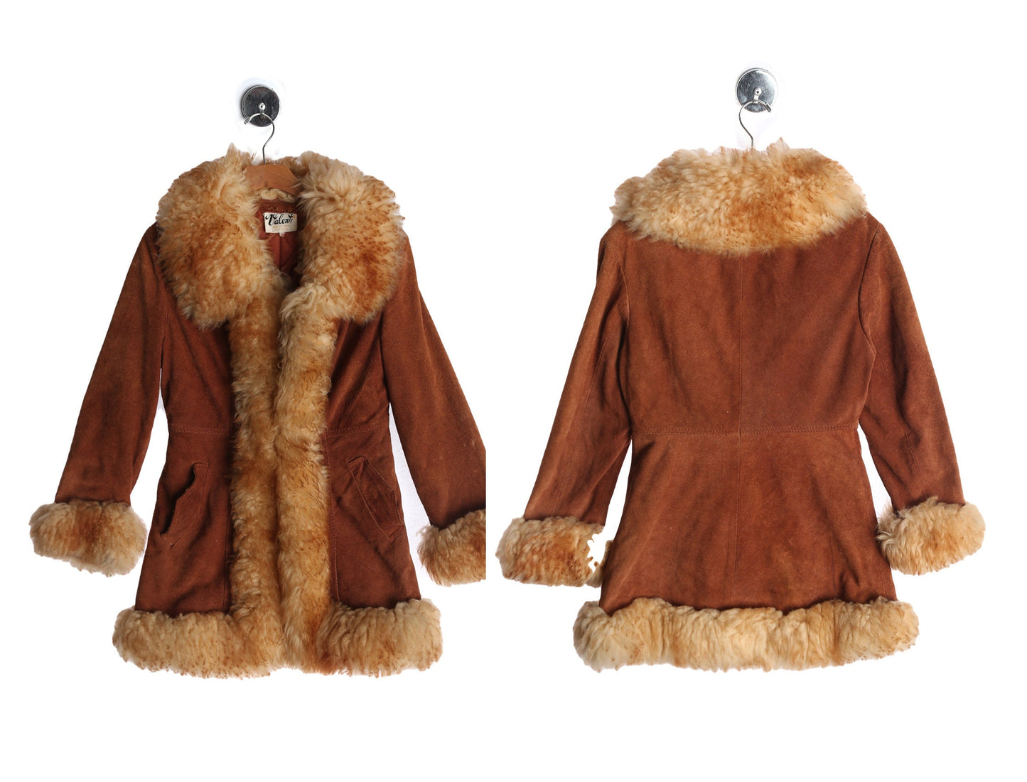 1970s Women Suede Coat with Fur Collar and Fabric Seam
