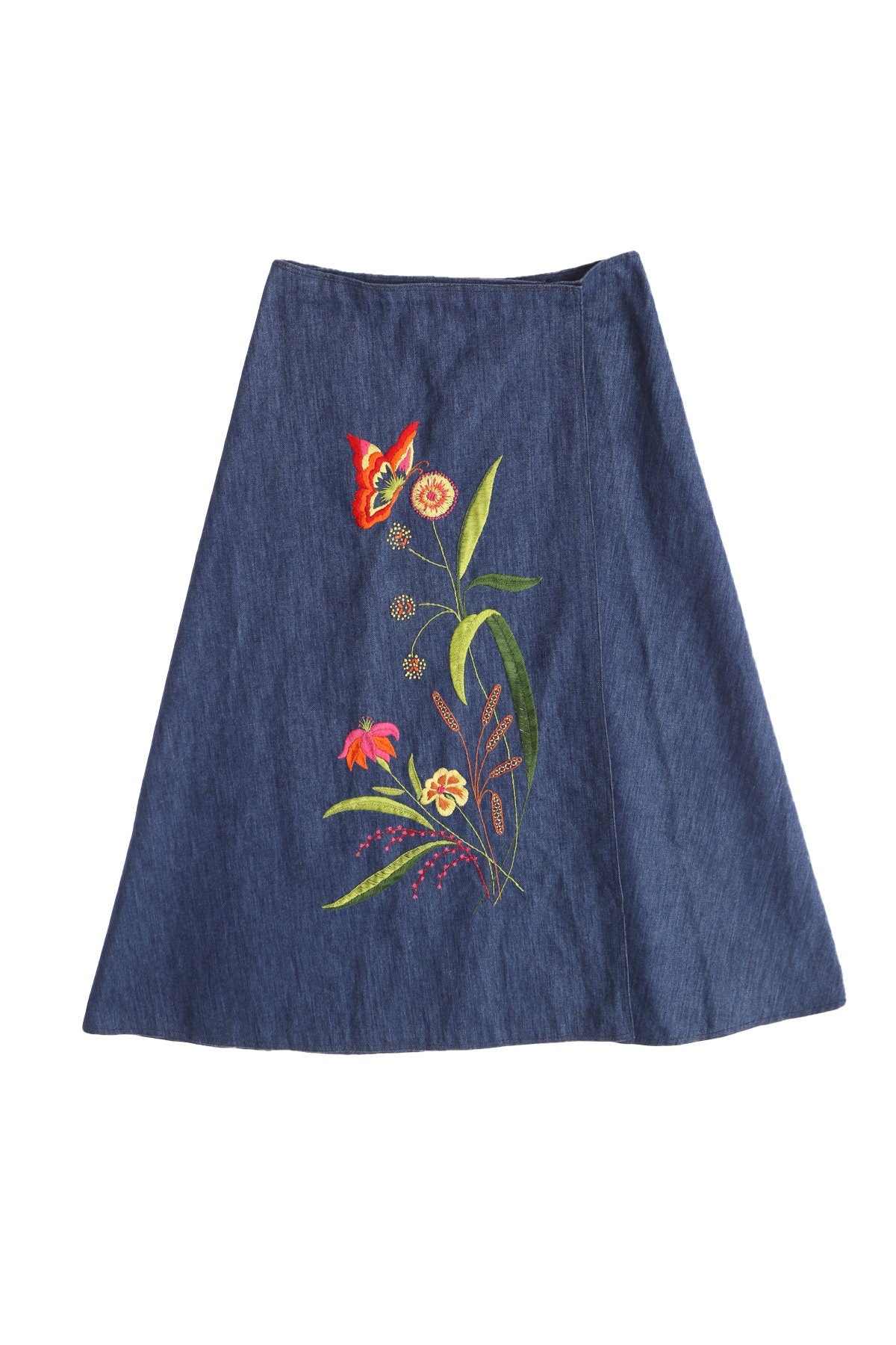 Blue Denim Flower Embroidered Skirt