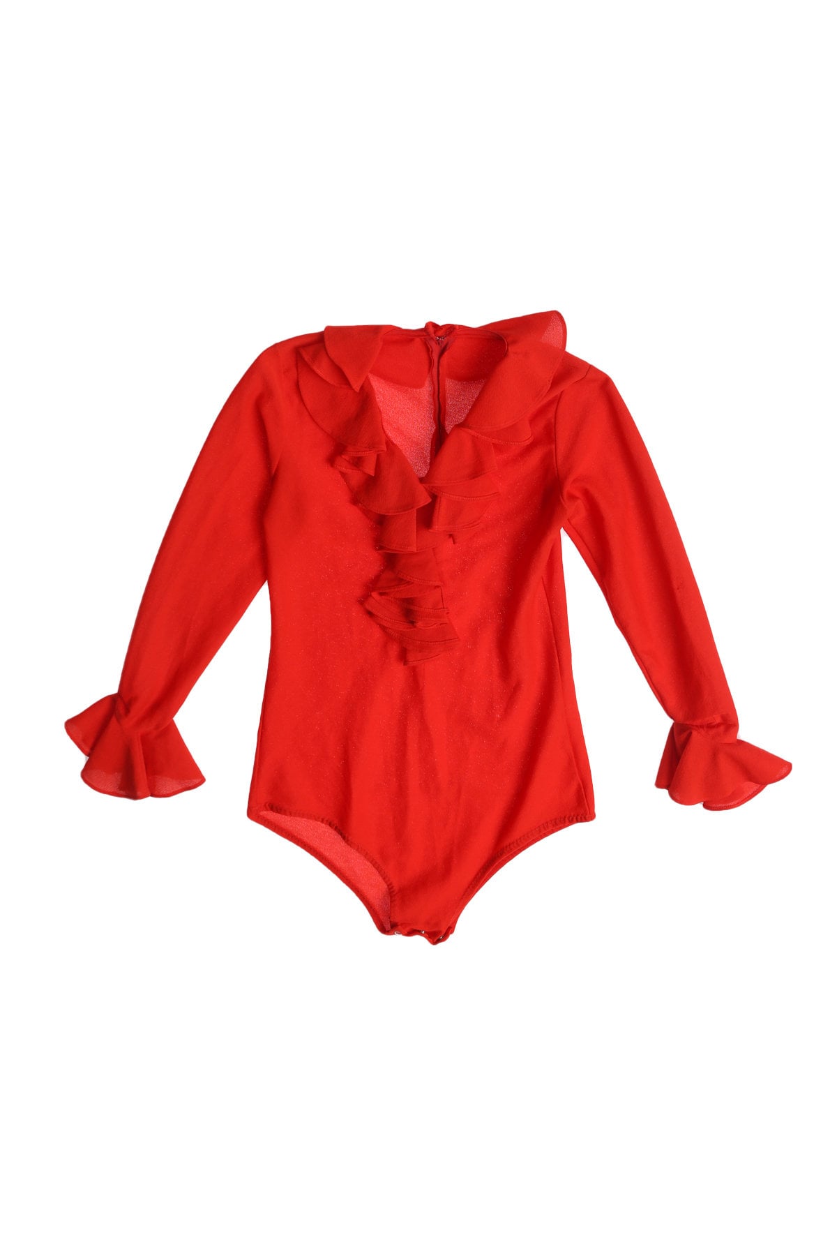Women Red Poly Leotard with Collar Ruffles