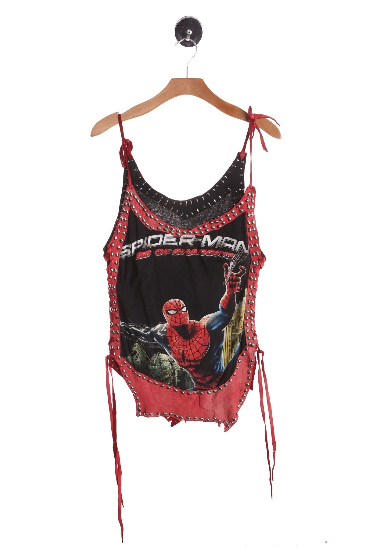 Costume Made Leather Top with Silver Studds and Cut Off Spiderman Graphic Shirt Patch