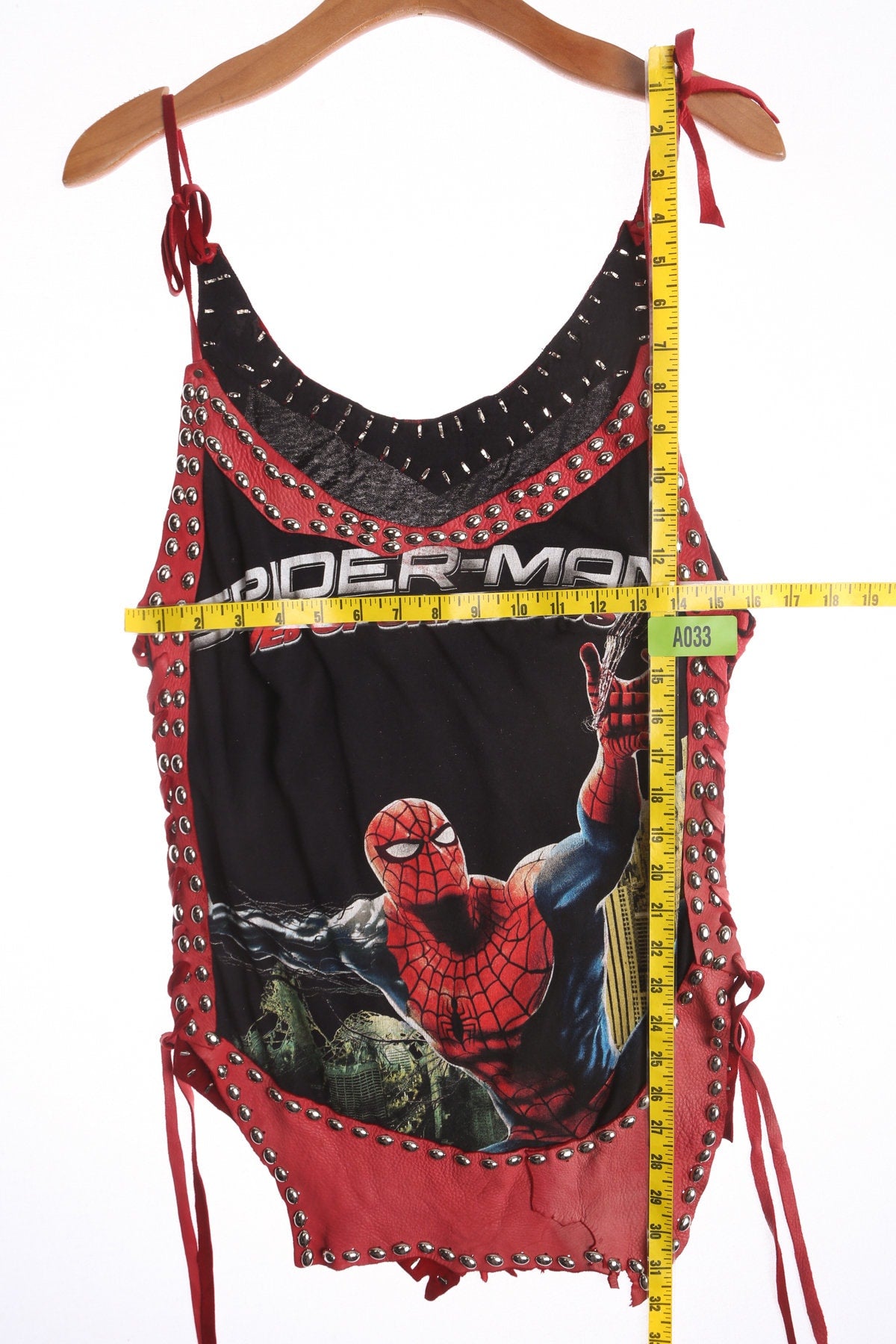 Costume Made Leather Top with Silver Studds and Cut Off Spiderman Graphic Shirt Patch