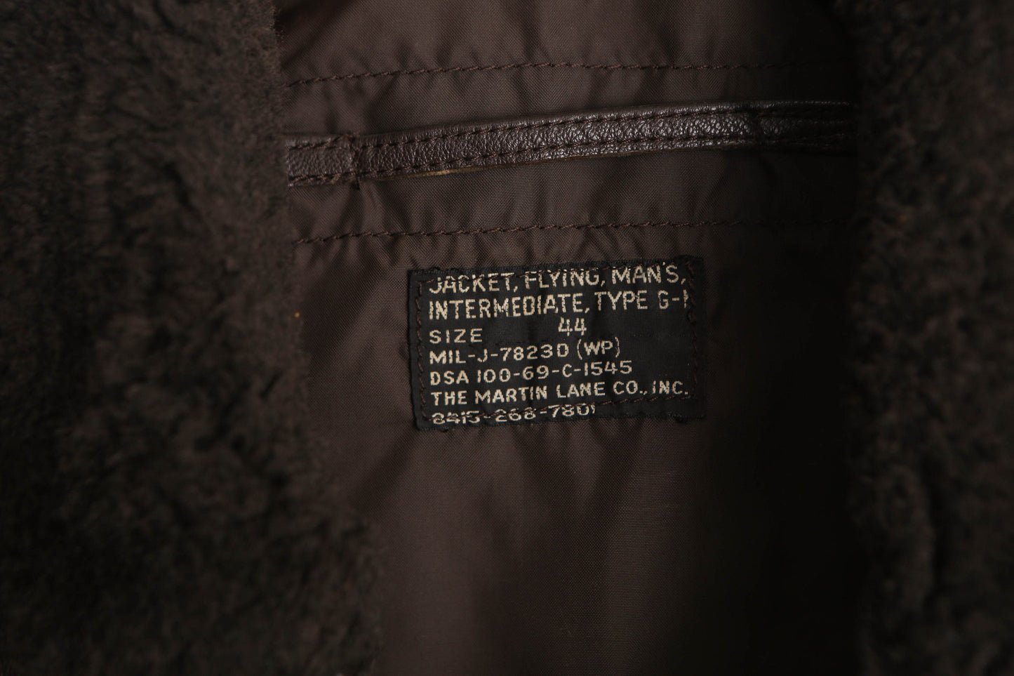 Men's Brown Leather Bomber Jacket with Faux Fur Collar - Type G-1 - Size 44 - By the Martin Lane Co. Inc