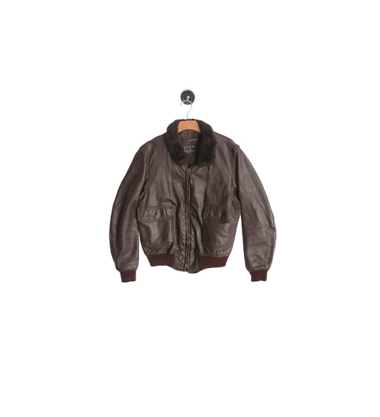 Men's Brown Leather Bomber Jacket with Faux Fur Collar - Type G-1 - Size 44 - By the Martin Lane Co. Inc