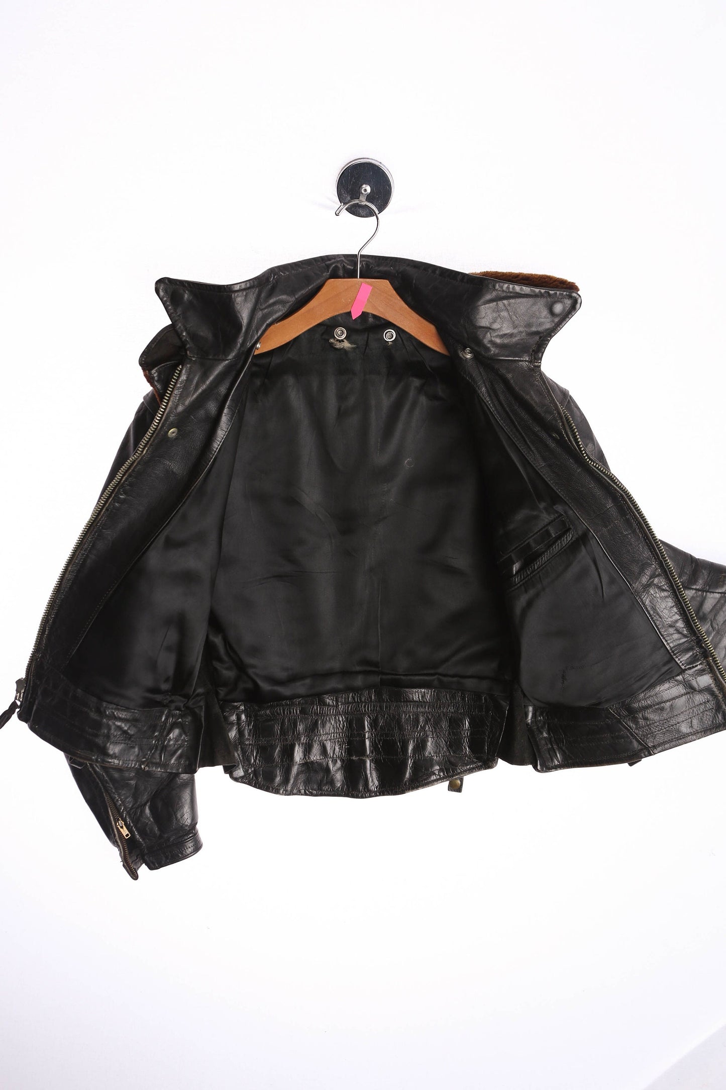 Vintage Motorcycle Leather Jacket with Brown Fur Collar - Era 1950s - 1960s