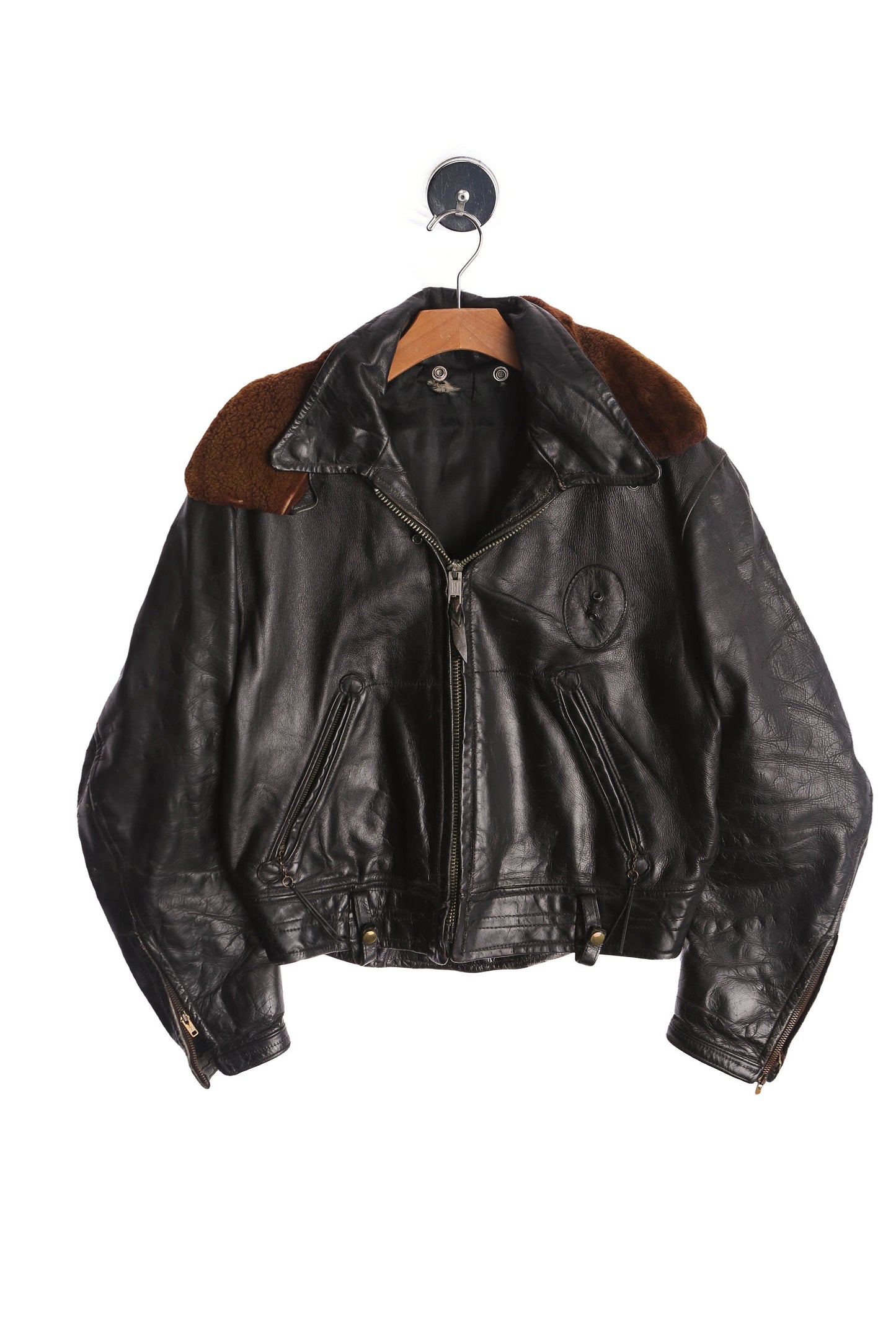 Vintage Motorcycle Leather Jacket with Brown Fur Collar - Era 1950s - 1960s