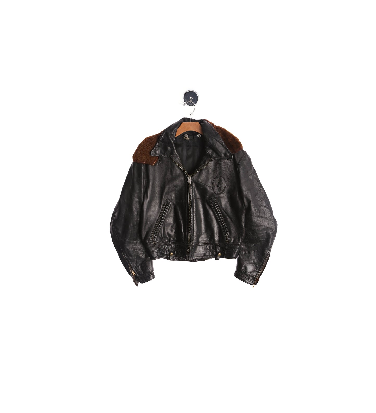 Vintage Motorcycle Leather Jacket with Brown Fur Collar - Era 1950s - 1960s