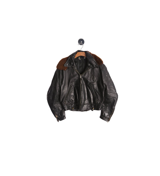 Vintage Motorcycle Leather Jacket with Brown Fur Collar - Era 1950s - 1960s