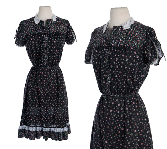 Vintage Floral Print Black Summer Dress