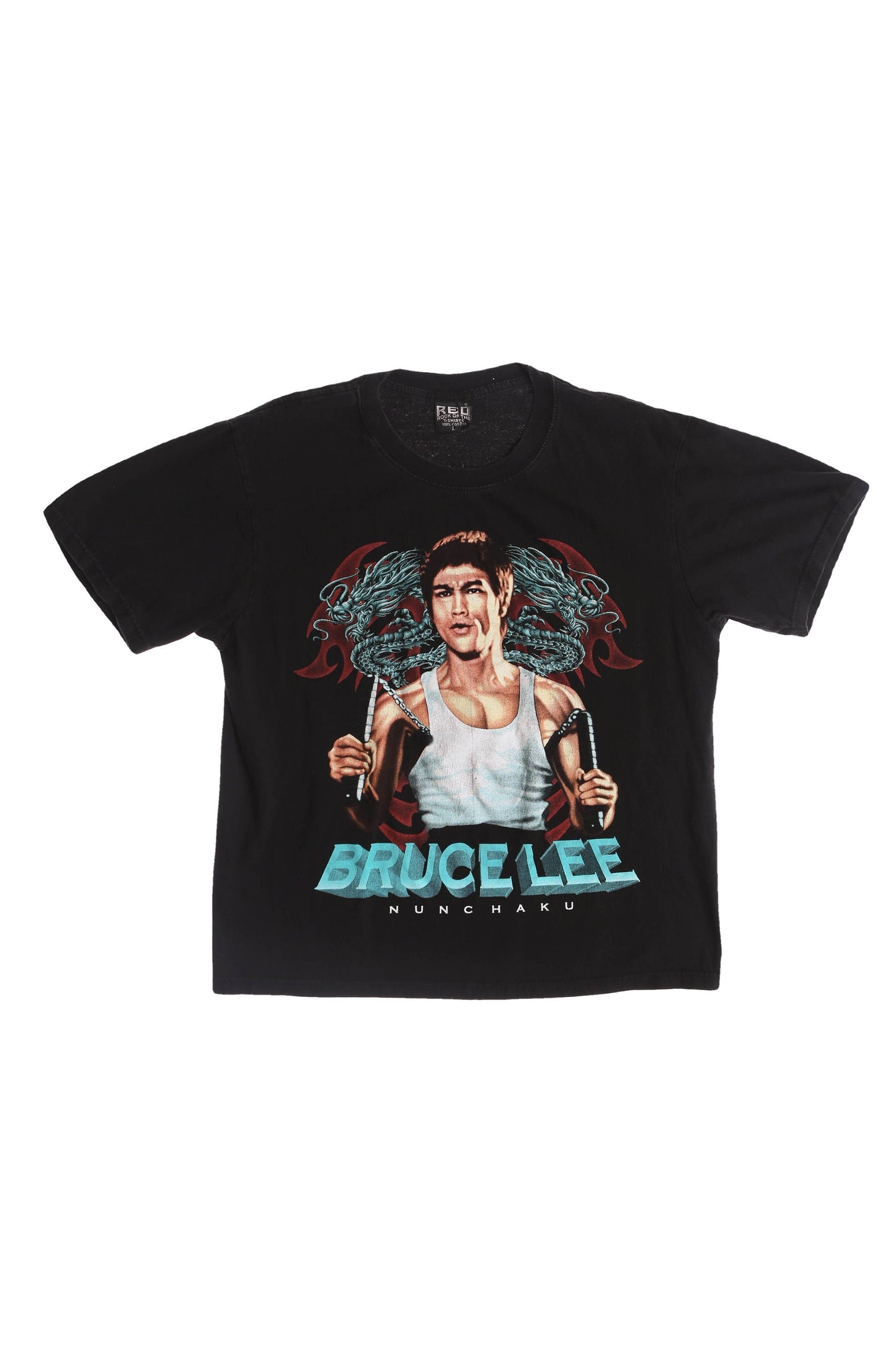 Vintage Bruce Lee Nunchaku Black Graphic T-shirt - Red Rock of the T-shirts Label