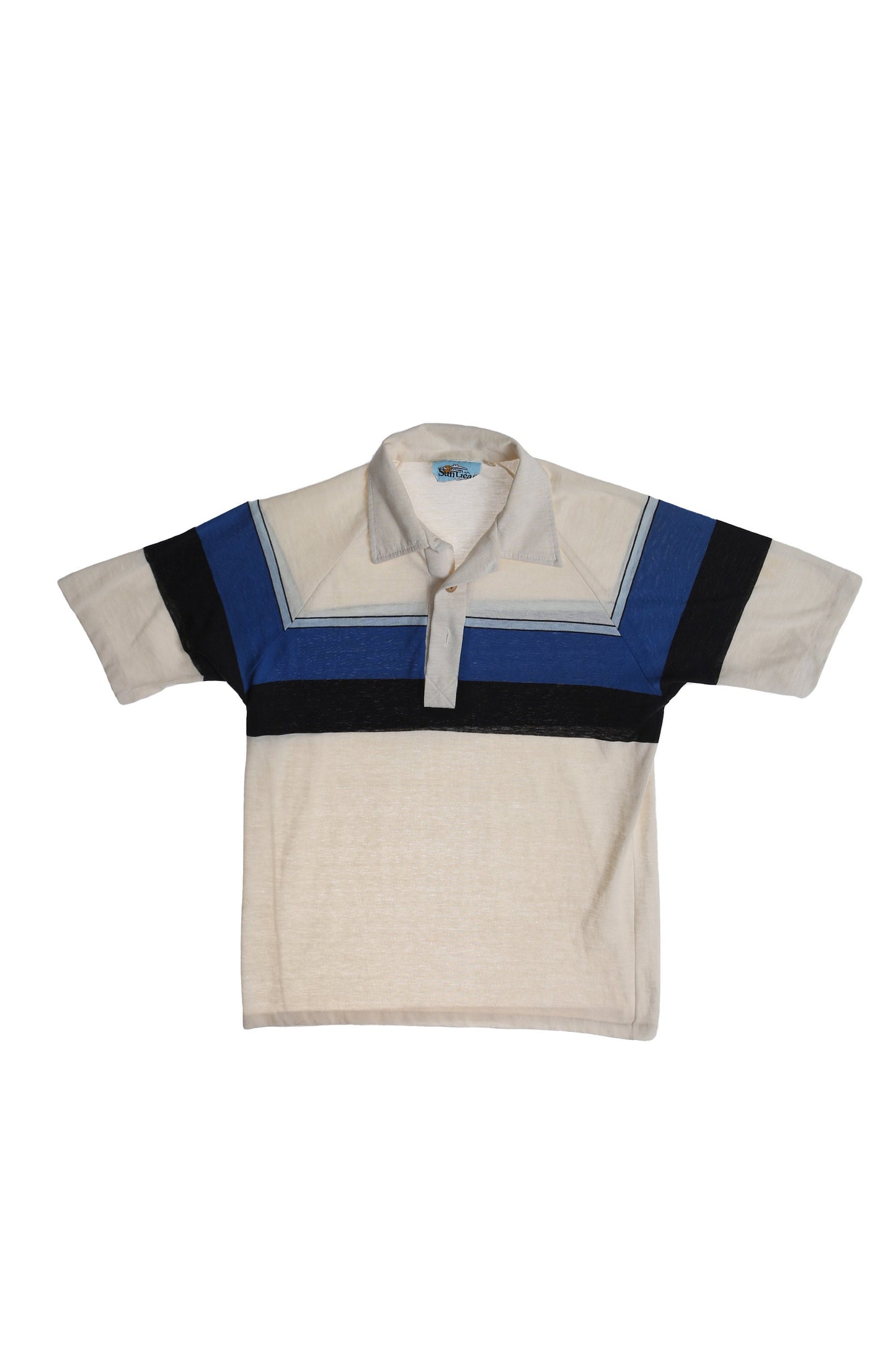 1980s White Polo Shirt with Blue and Black Stripes