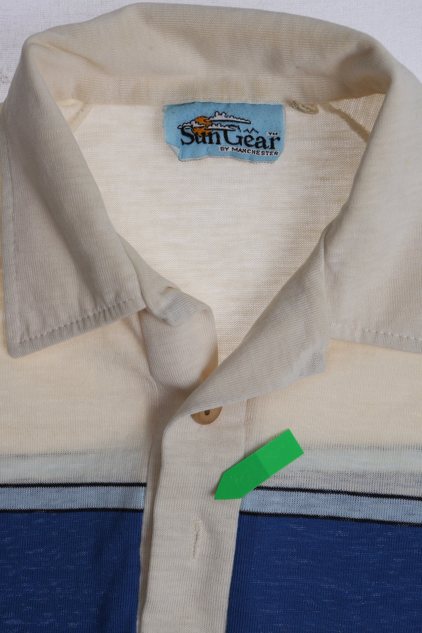 1980s White Polo Shirt with Blue and Black Stripes