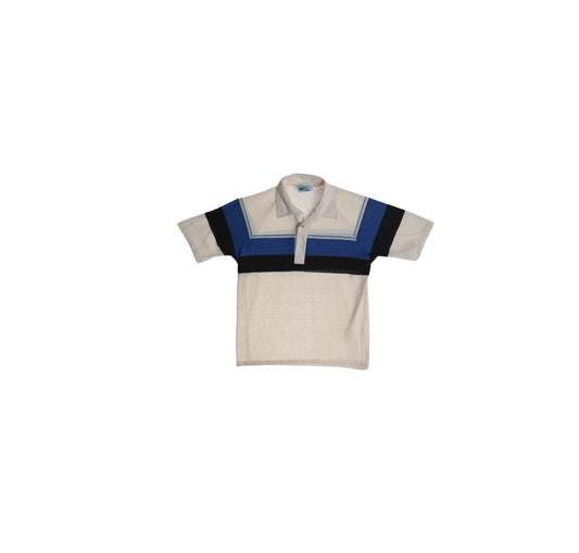 1980s White Polo Shirt with Blue and Black Stripes