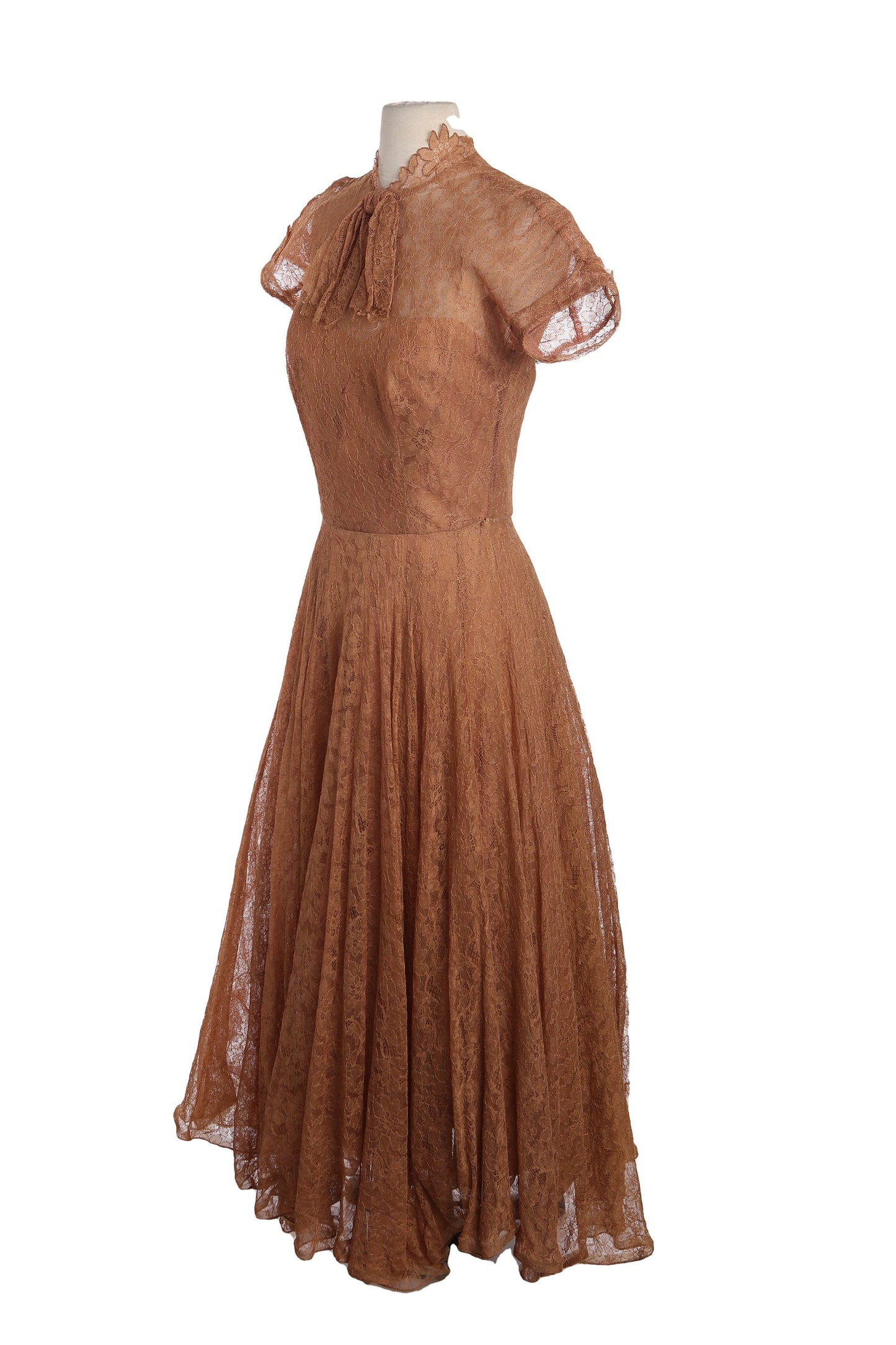 Vintage Brown Lace Dress - Floral Fabric Design - Era 1940's - 1950's