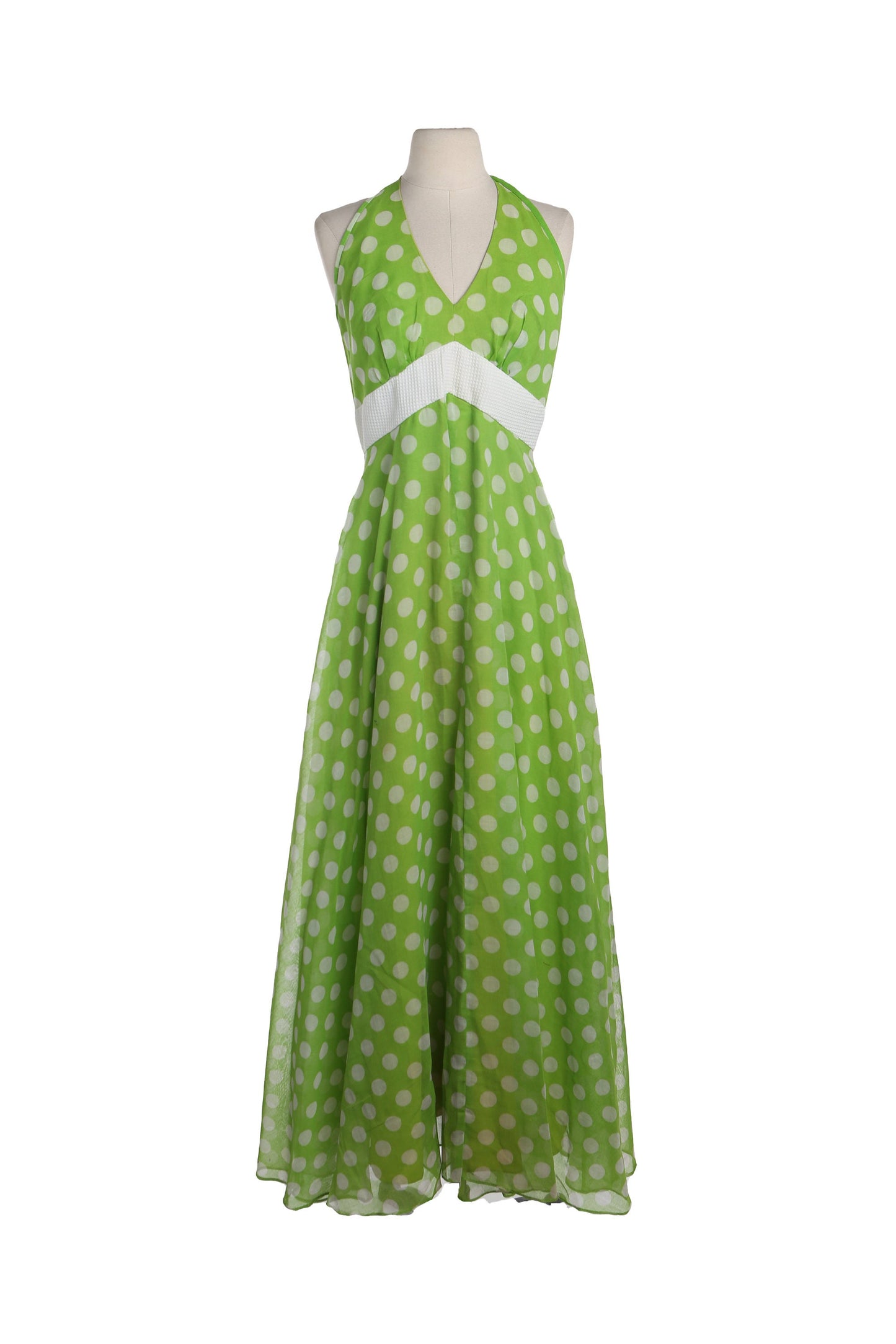 Vintage White Polka Dot Green Halter Summer Dress - Era 70's - 80's