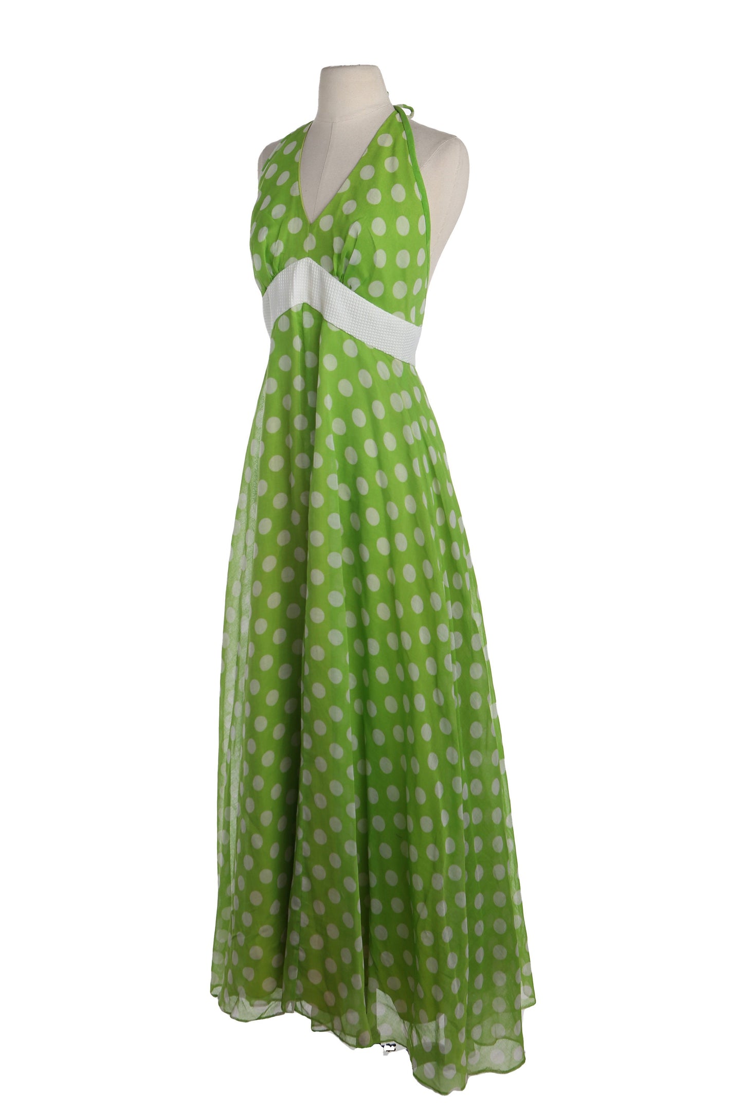 Vintage White Polka Dot Green Halter Summer Dress - Era 70's - 80's