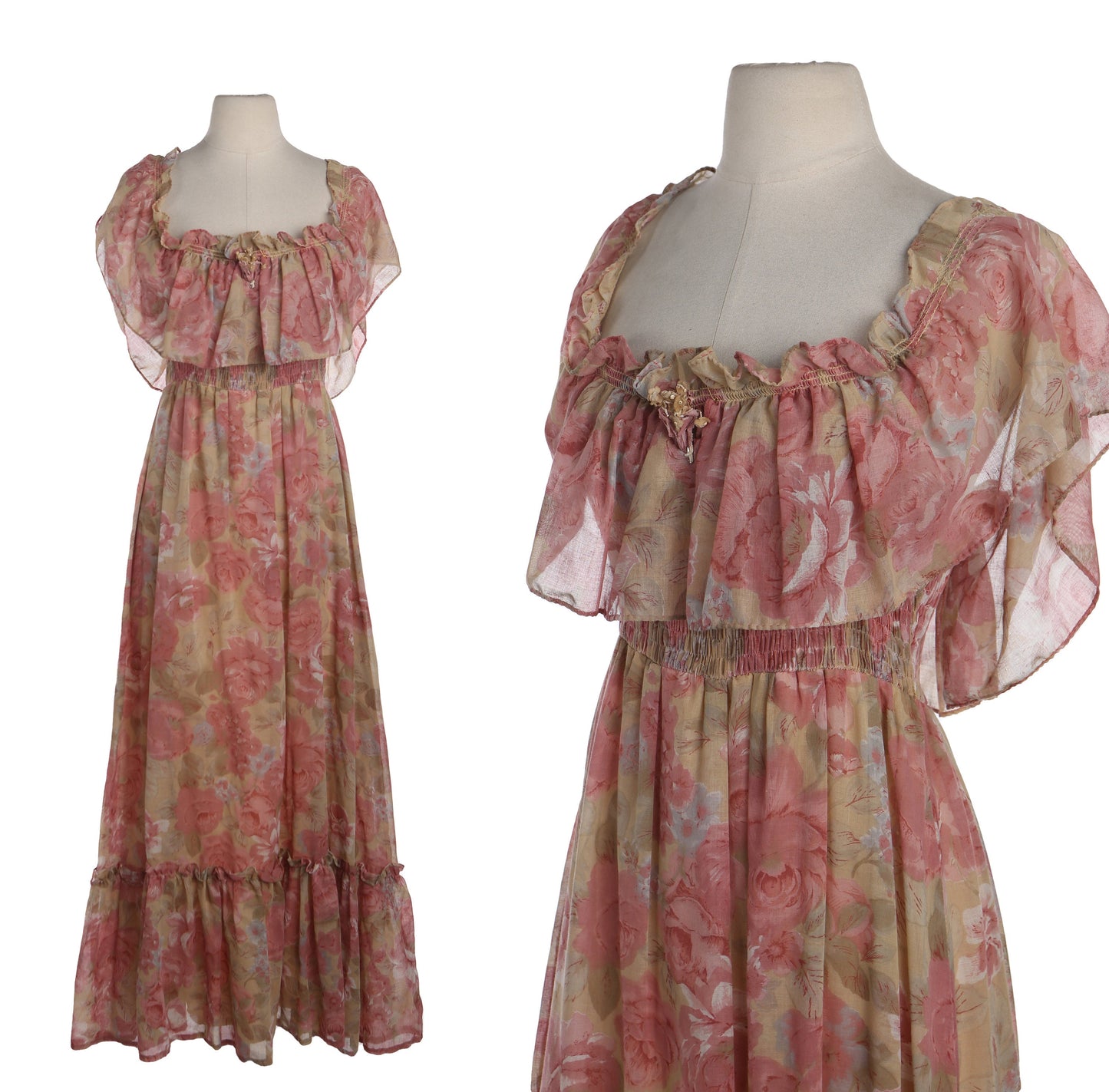 Vintage Roses Print Off Shoulder Summer Dress