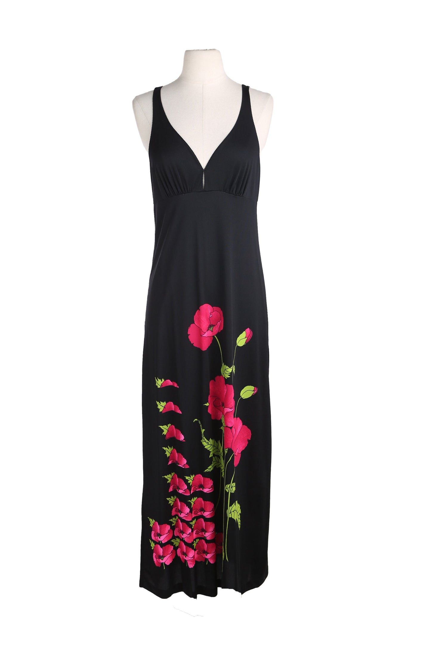 1970s Women Black Long Dress with Flower Print