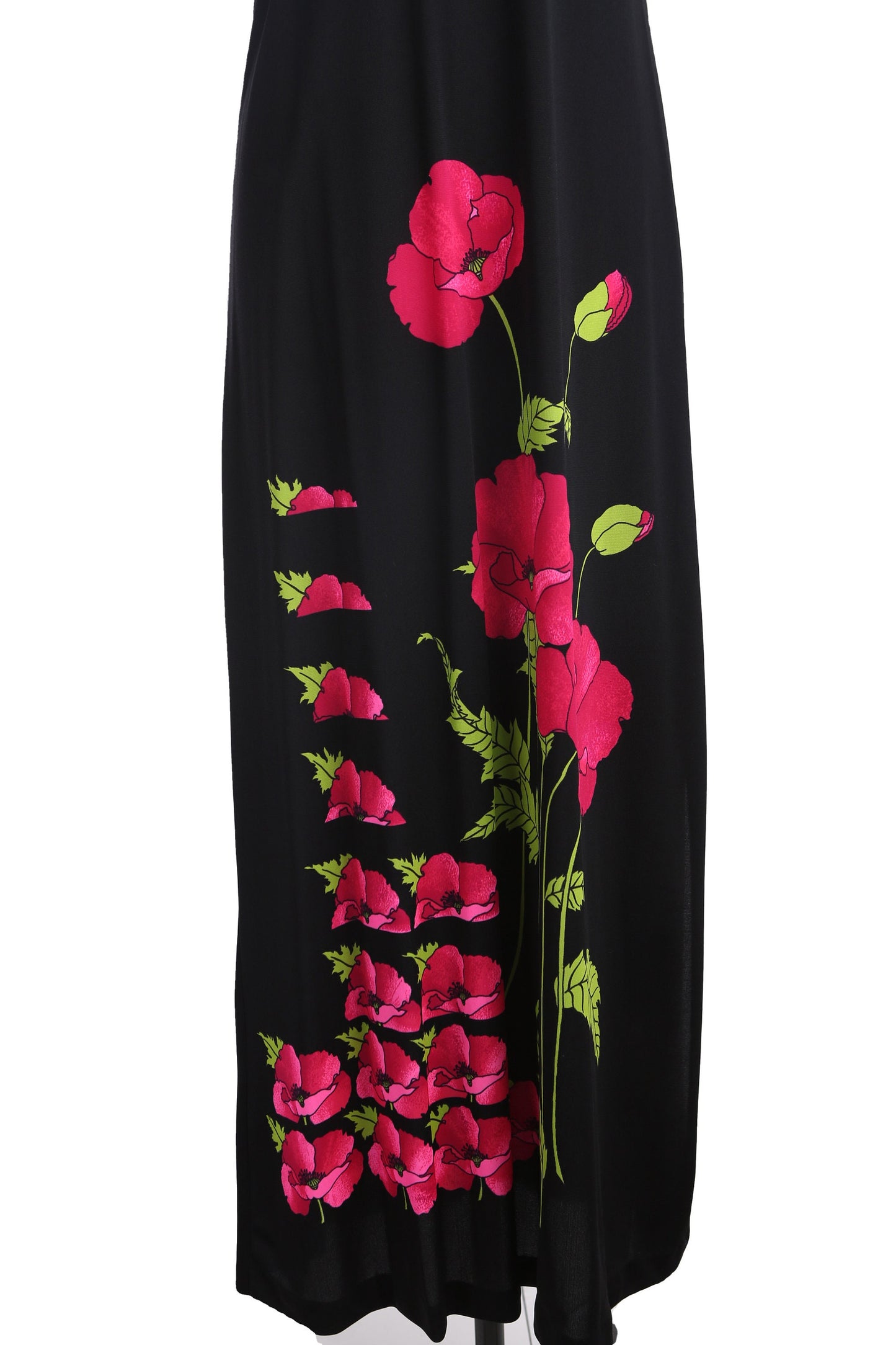 1970s Women Black Long Dress with Flower Print