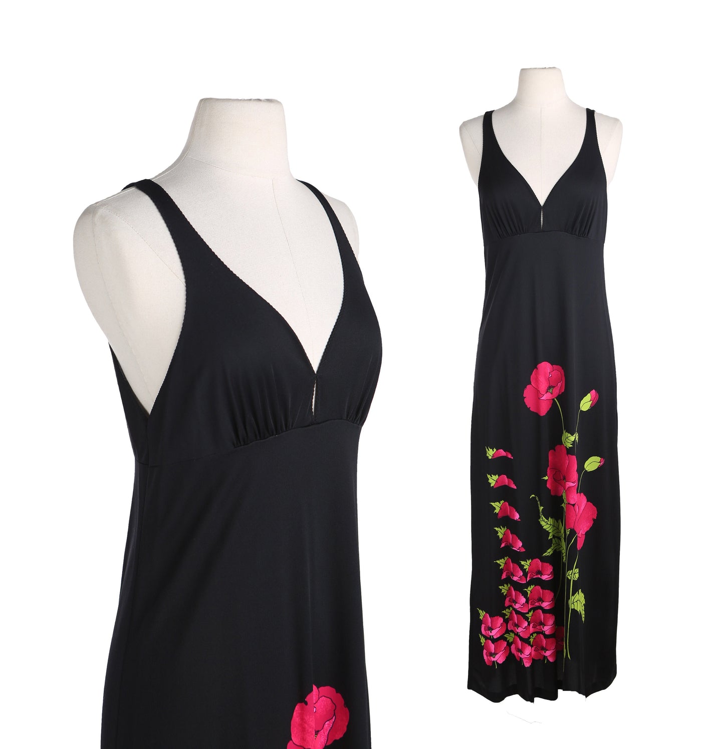 1970s Women Black Long Dress with Flower Print