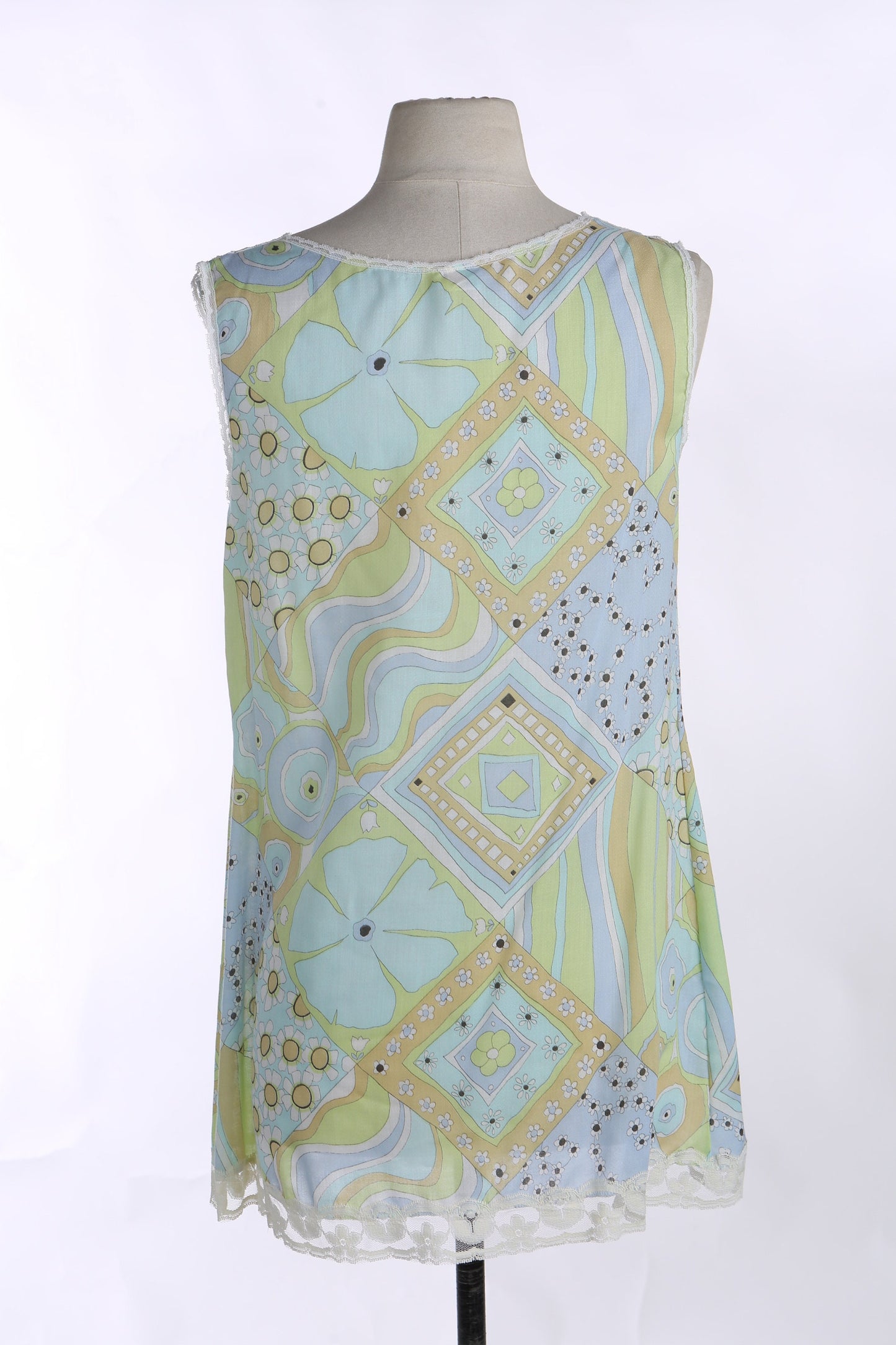 Vintage Women Floral and Geometric Slip Dress with White Lace Seams