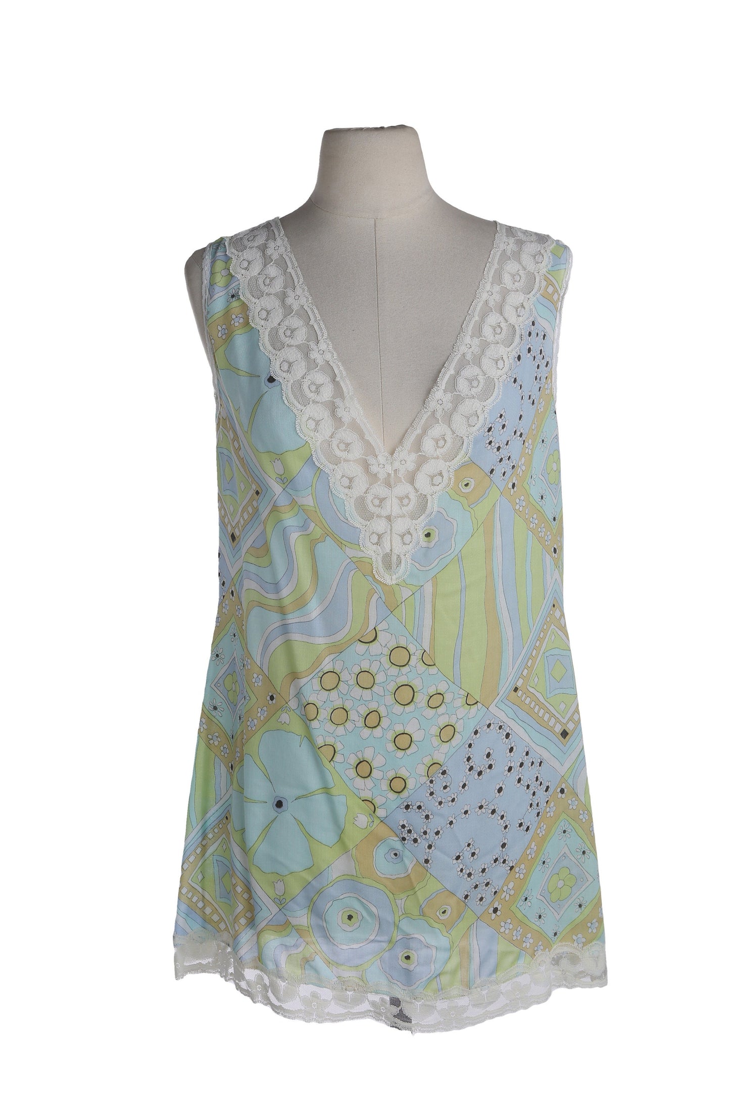 Vintage Women Floral and Geometric Slip Dress with White Lace Seams