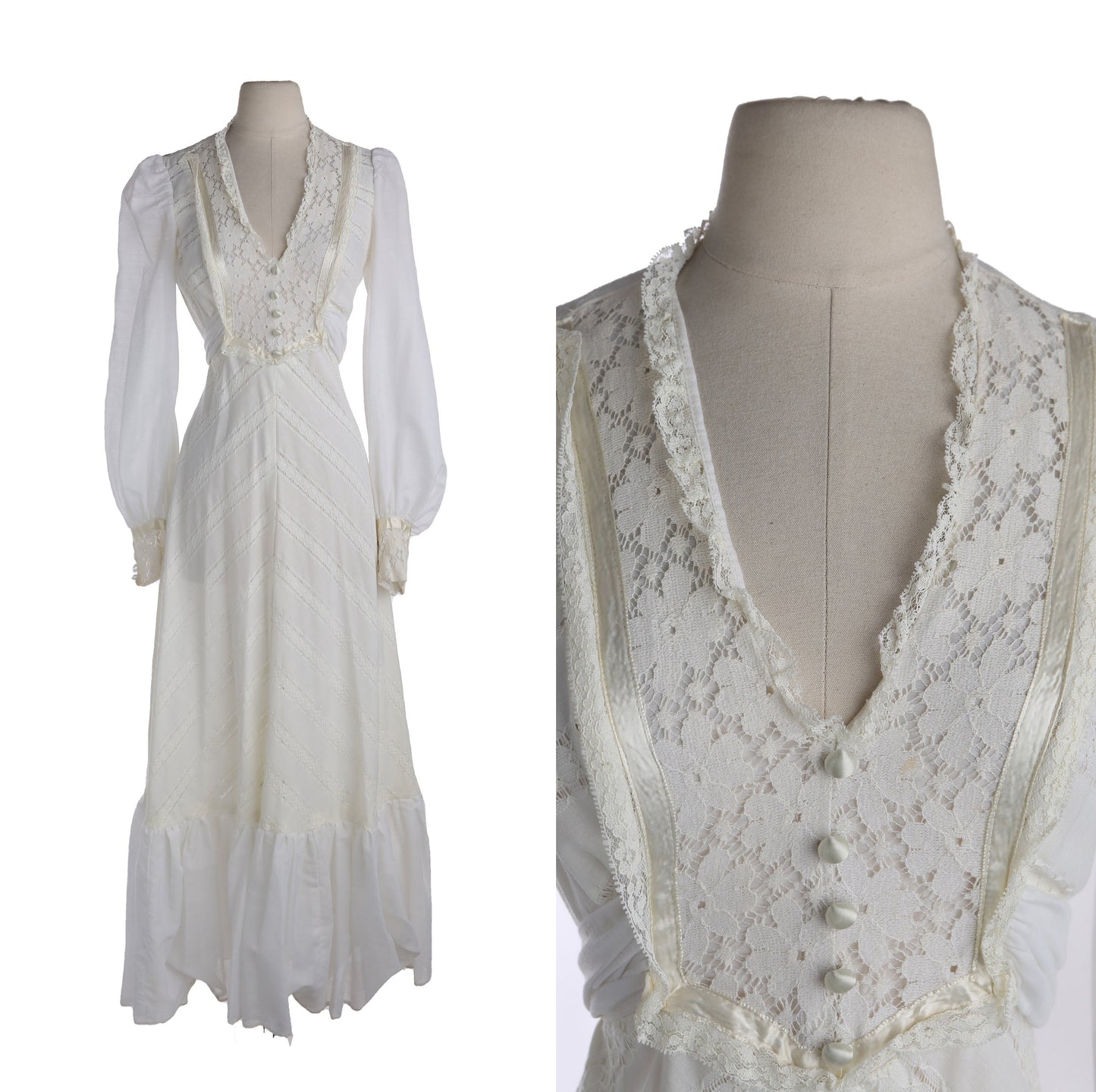 Vintage White Prairie Dress - Era 1970s - 1980s