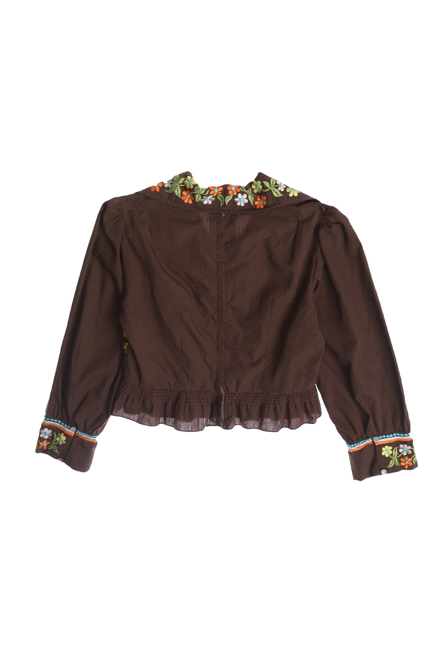 Women Brown Floral Embroidered Long Sleeve High Waist Summer Top