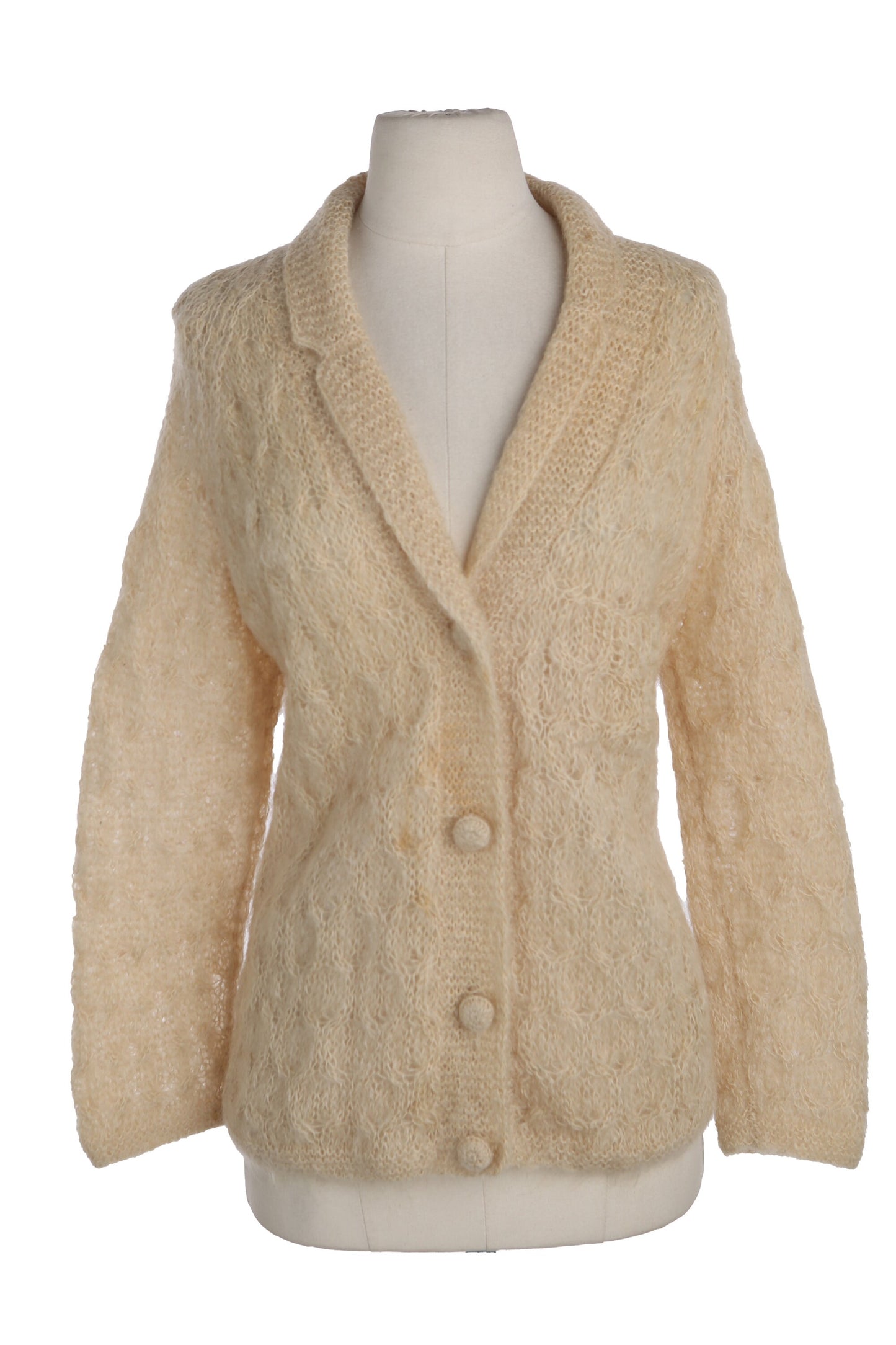Vintage Women Button Up Beige Mohair Cardigan Sweater