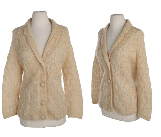 Vintage Women Button Up Beige Mohair Cardigan Sweater