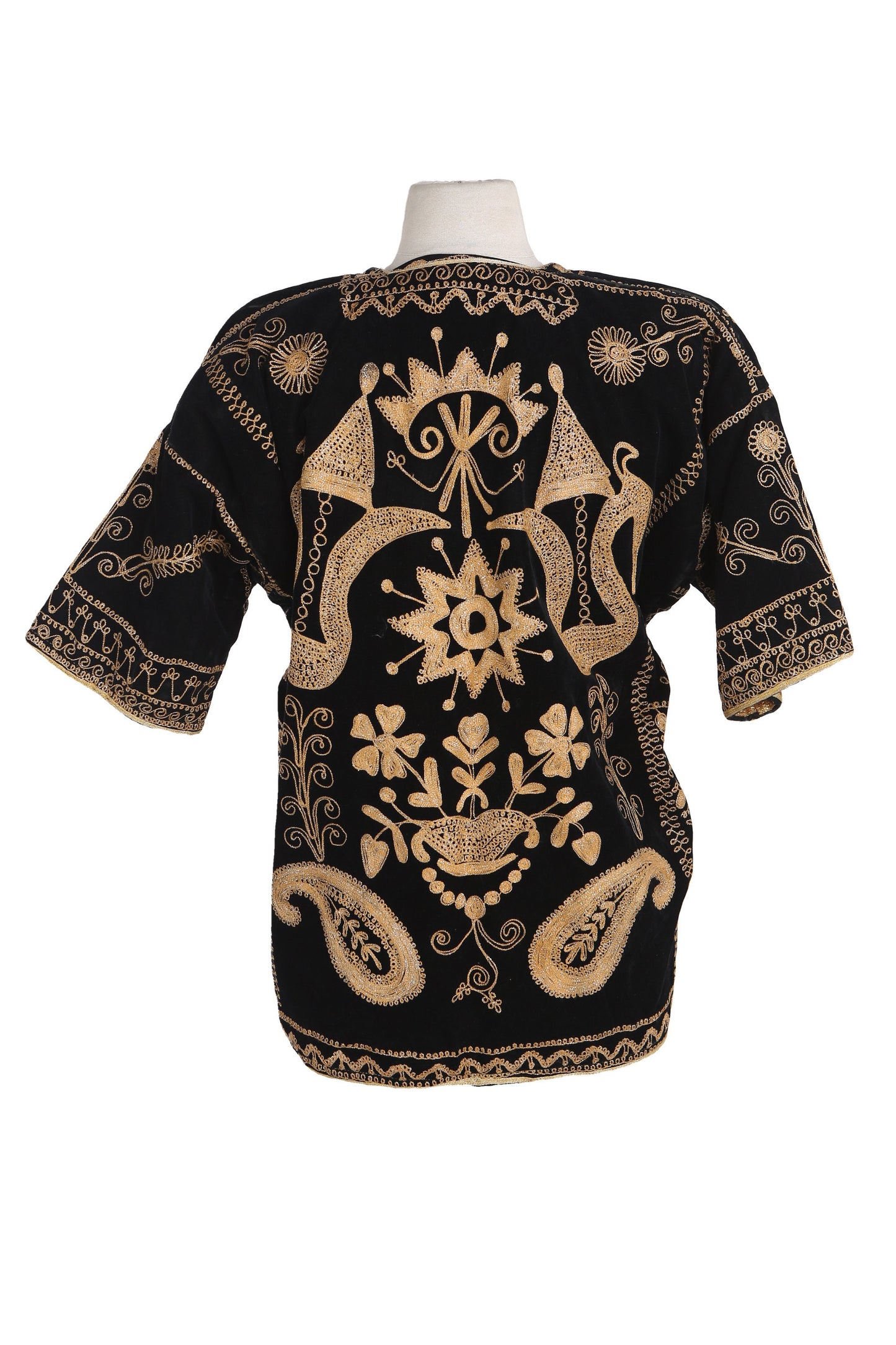 Vintage Boho Embroidered Black Top with Yellow and Golden Embroidery