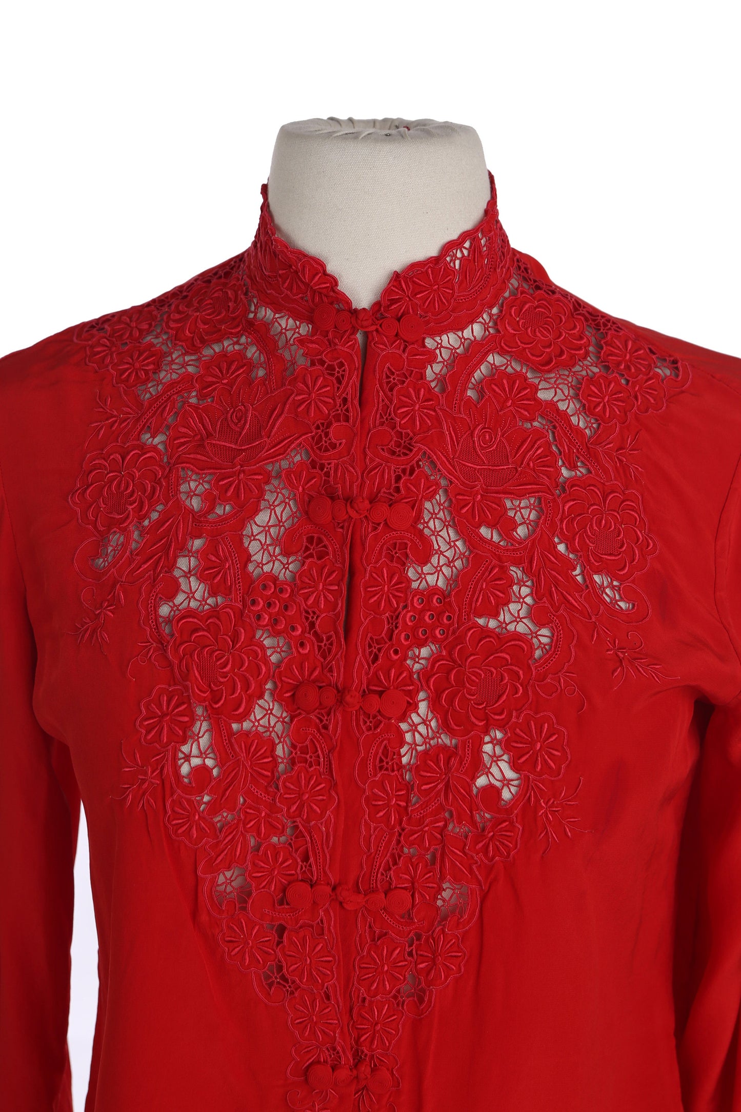 Vintage Red Cheongsam Silk Top with Floral Embroidered Details