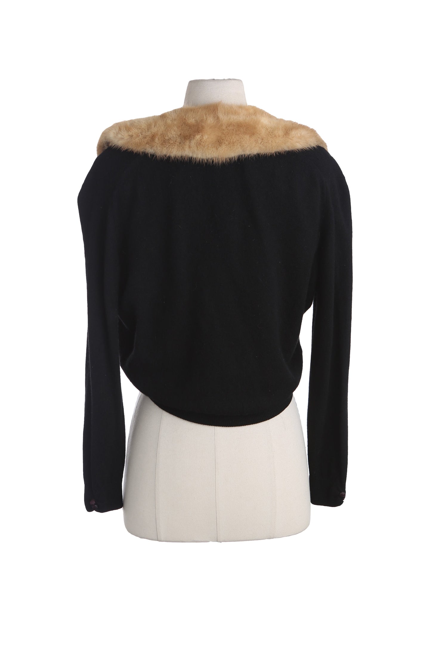 Vintage Women Black Cardigan Sweater with Beige Fur Collar