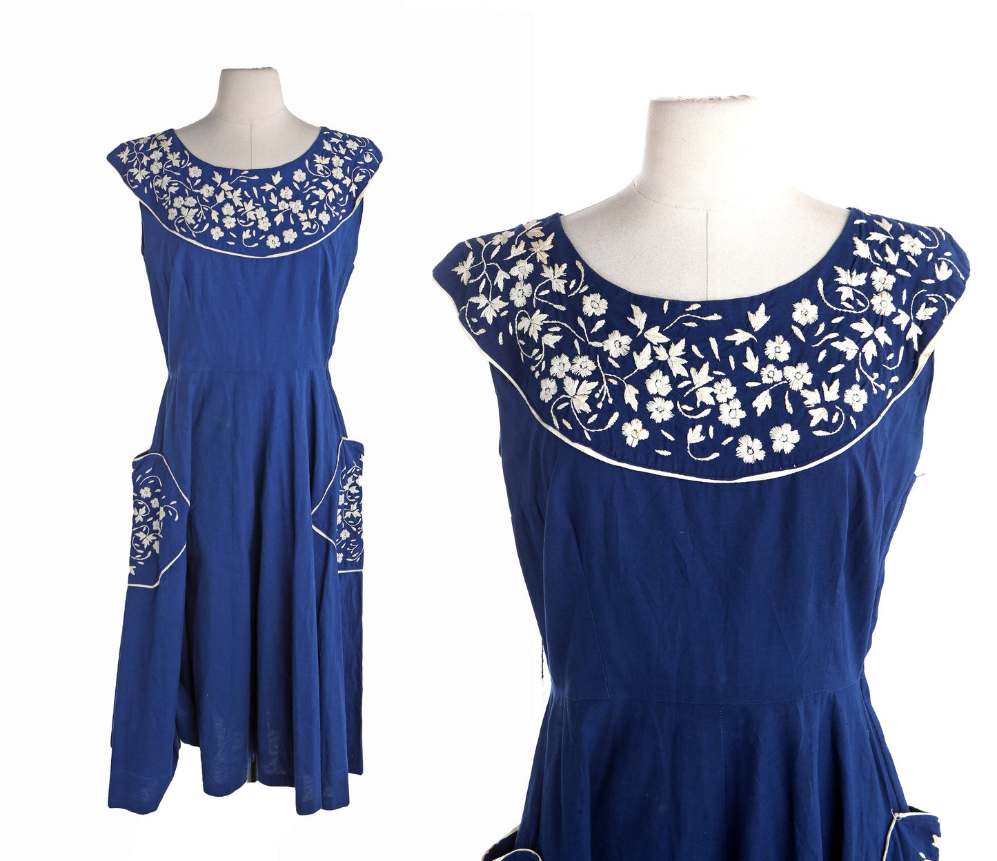 Vintage Mexican Blue Embroidered Floral Dress - Made in Guadalajara Jalisco Mexico by Rebecca