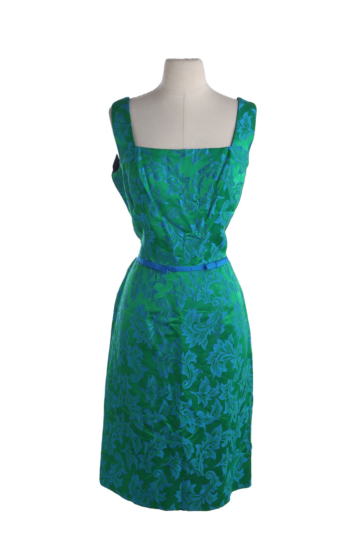 Vintage Lilli Diamond Green Evening Dress with Blue Leaves Fabric Pattern