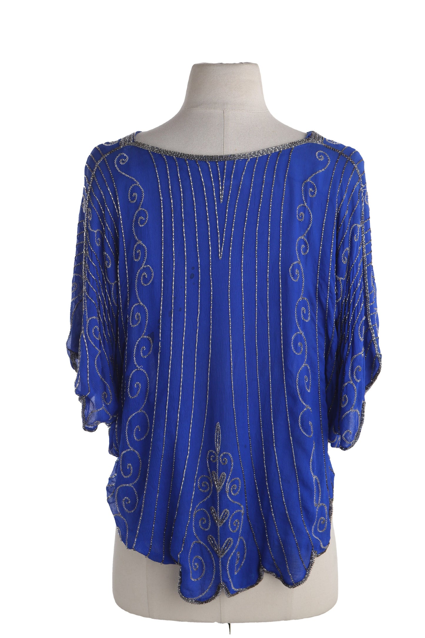 Vintage Women Blue Silk Oversized Blouse with Embroidered Beads by Swee Lo / Made in India / Era 1970s - 1980s