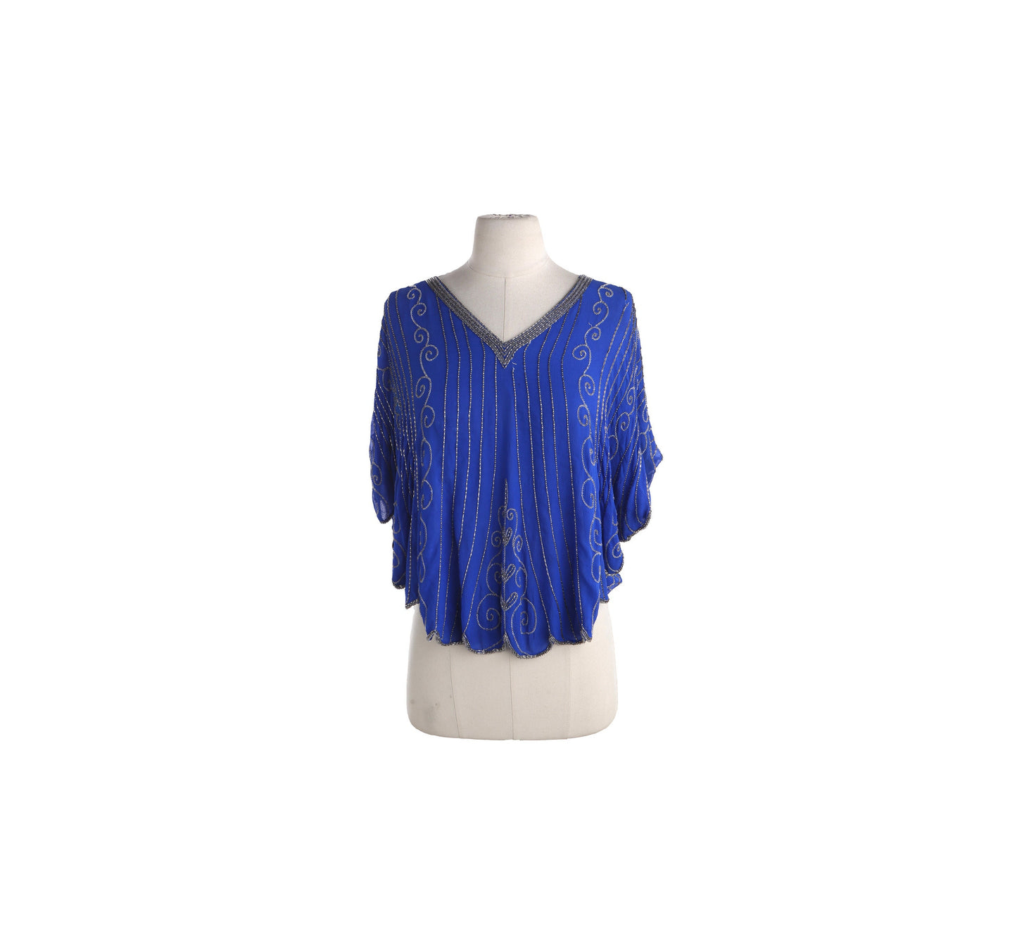 Vintage Women Blue Silk Oversized Blouse with Embroidered Beads by Swee Lo / Made in India / Era 1970s - 1980s