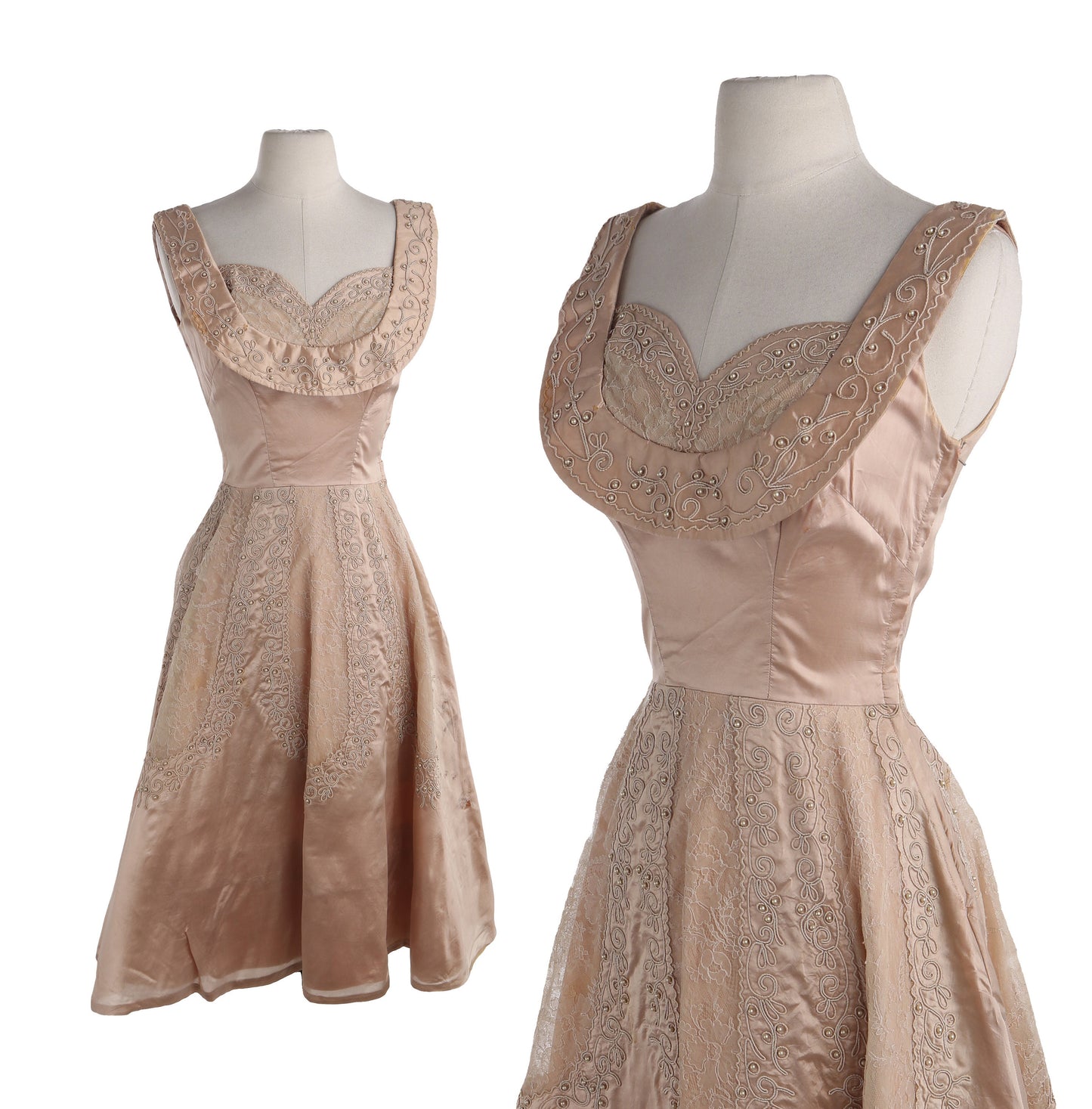 Vintage Ballgown Dress with Embroidered Pearls and Pattern Details - Era 1940s - 1950s