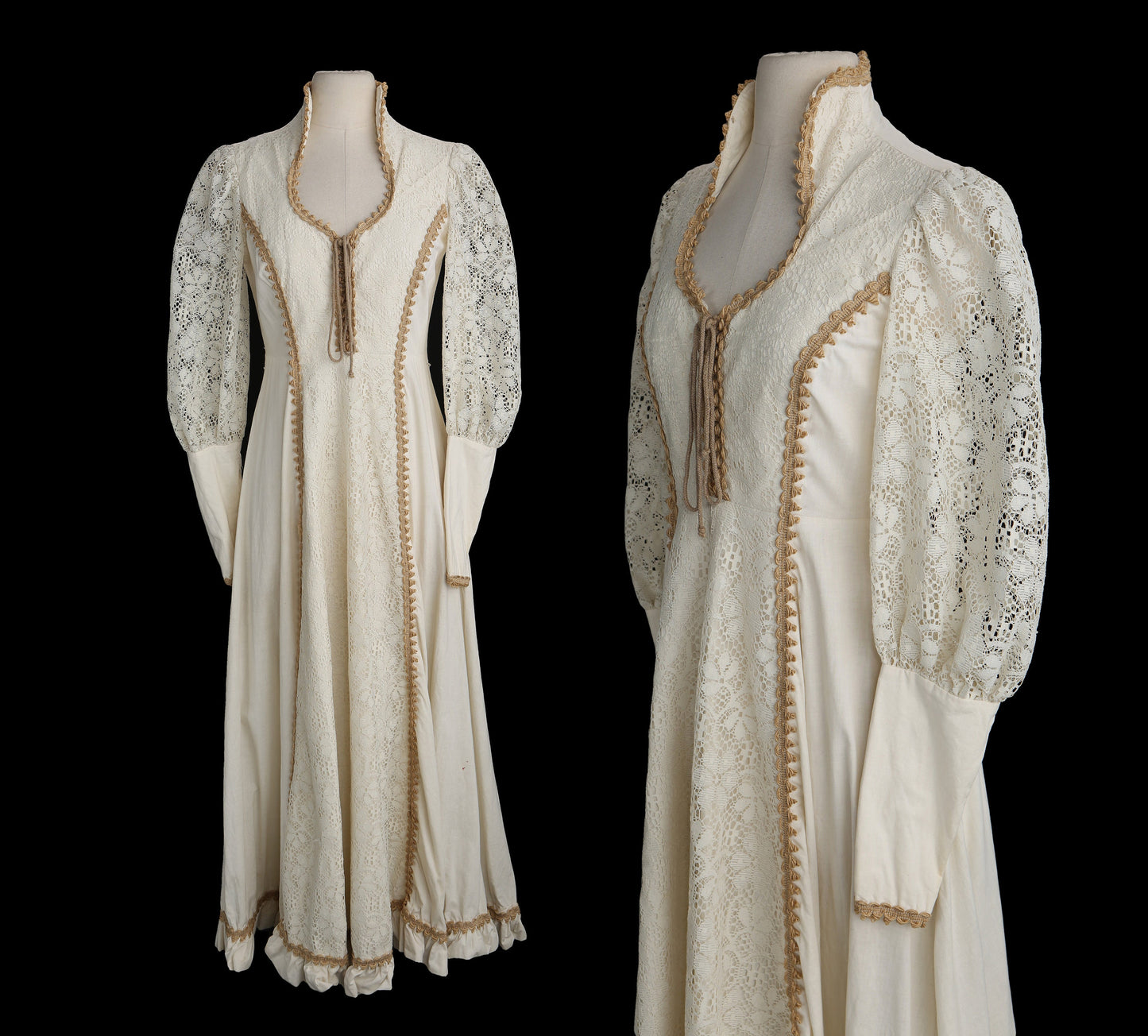Vintage Women Long Beige Prairie Dress - Era 1960s - 1970s