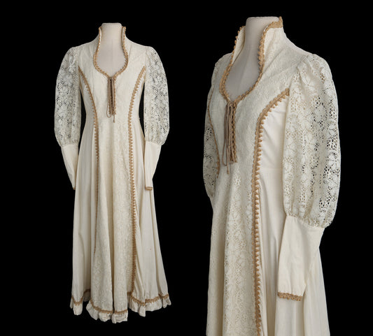 Vintage Women Long Beige Prairie Dress - Era 1960s - 1970s