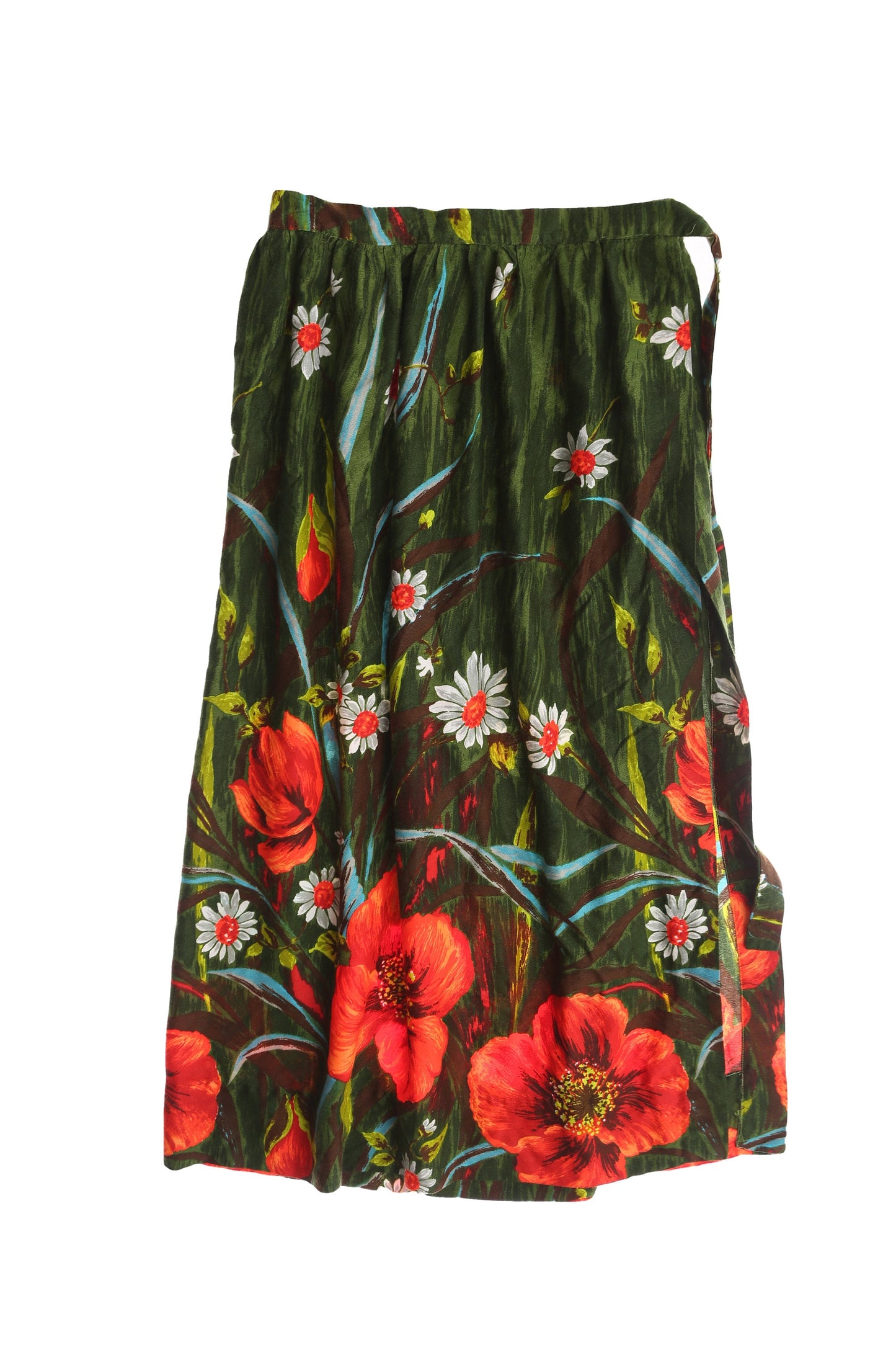 Vintage Red Flowers Print Green Wrap Skirt