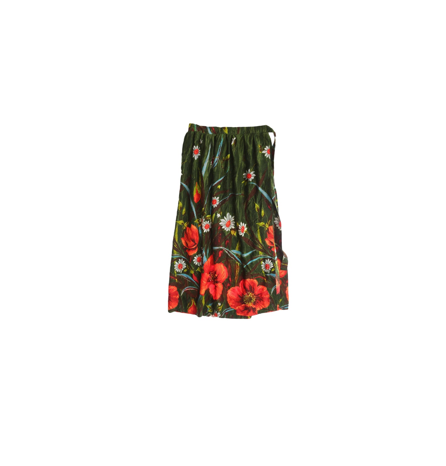 Vintage Red Flowers Print Green Wrap Skirt