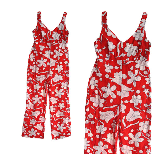 Vintage White Floral Print Red Jumpsuit