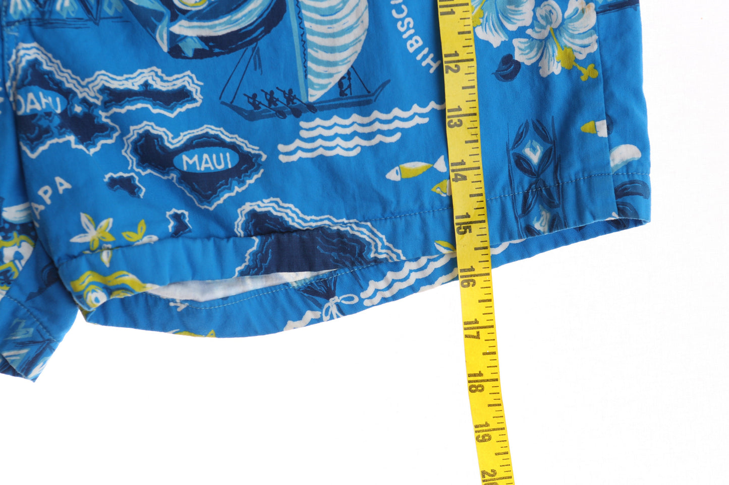 Vintage Men Hawaiian Print Blue Swim Trunks - Era 1950s - 1960s - Hoaloha - Style in Hawaii