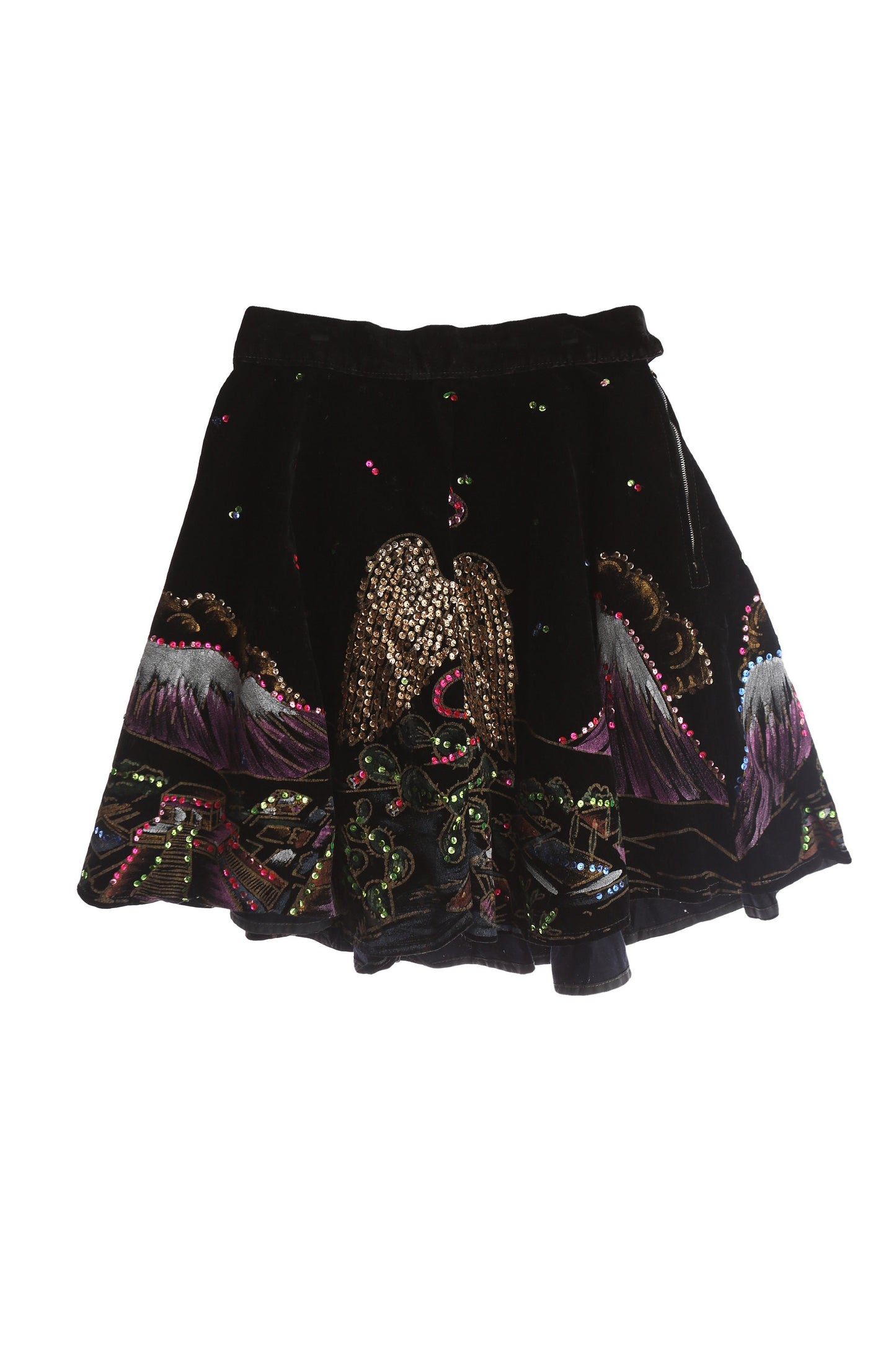 Vintage Mexican Skirt - Black Hand Painted Golden Sequin Eagle - Era 1940s - 1950s