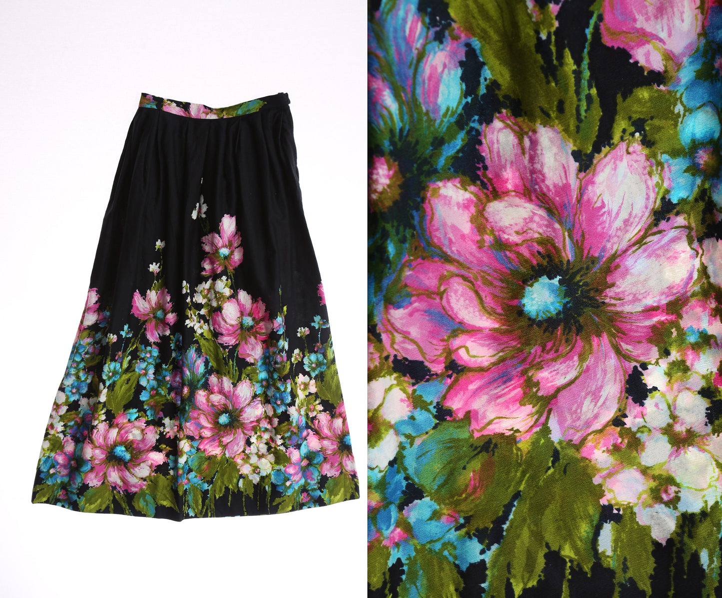 Vintage Floral Print Black Long Casual Skirt